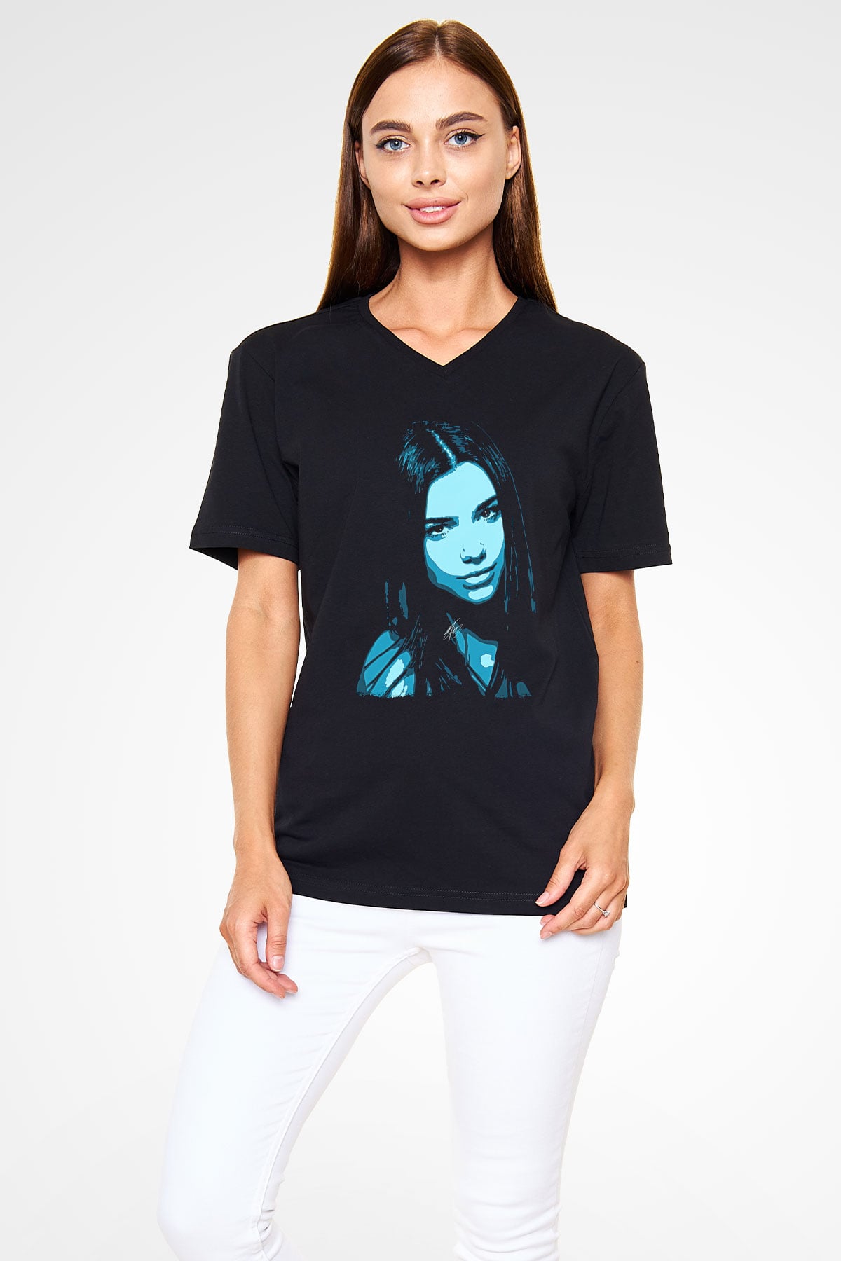 Dua Lipa Baskılı Unisex Siyah V Yaka Tişört - Tshirt