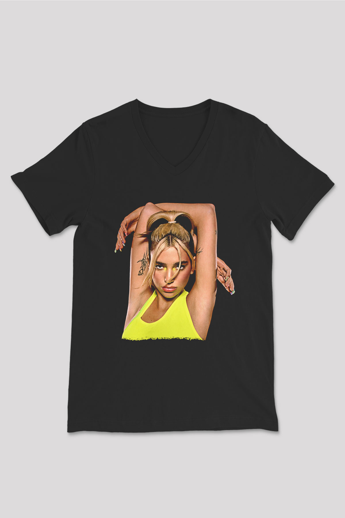 Dua Lipa Baskılı Unisex Siyah V Yaka Tişört - Tshirt
