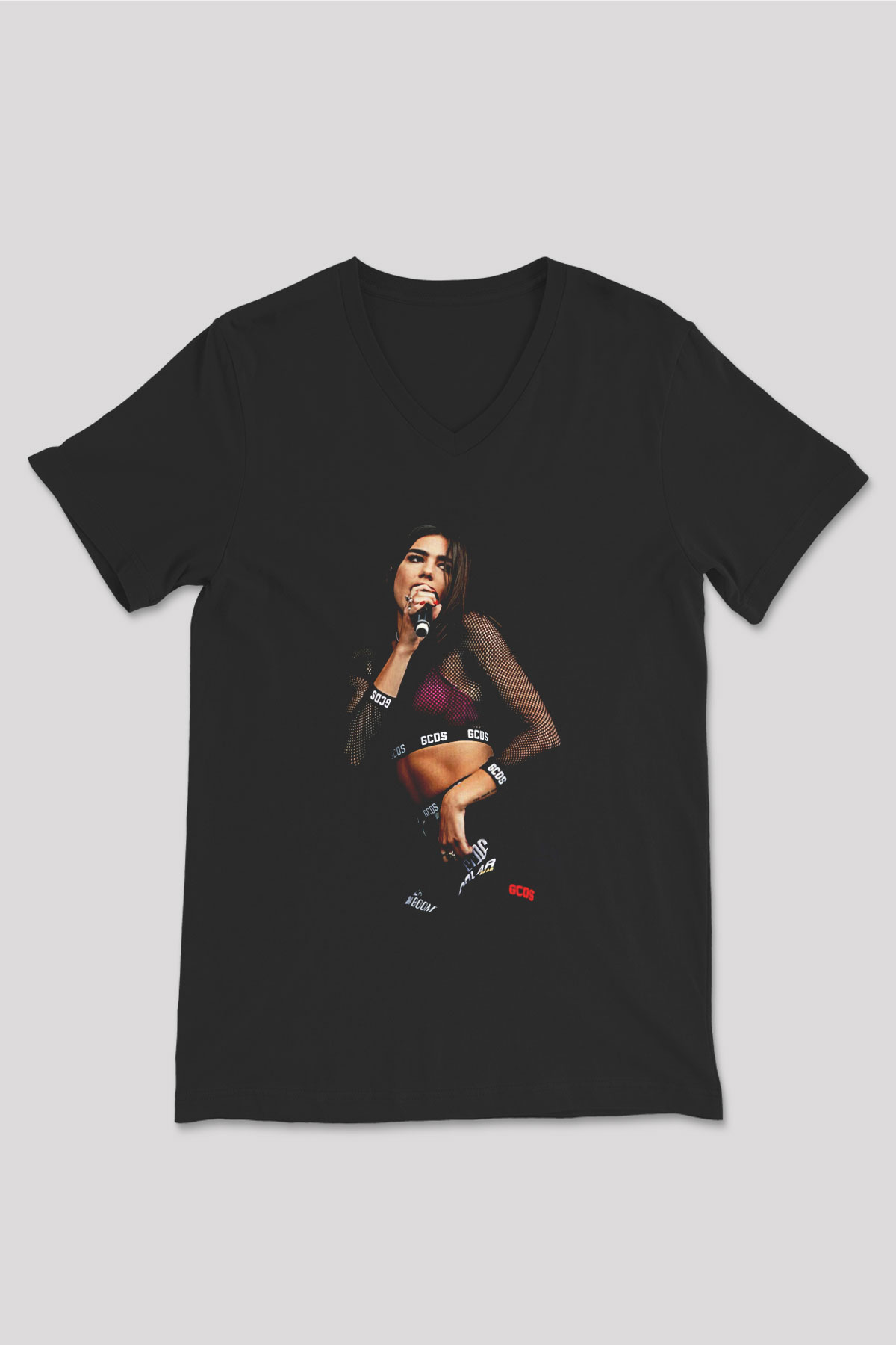 Dua Lipa Baskılı Unisex Siyah V Yaka Tişört - Tshirt