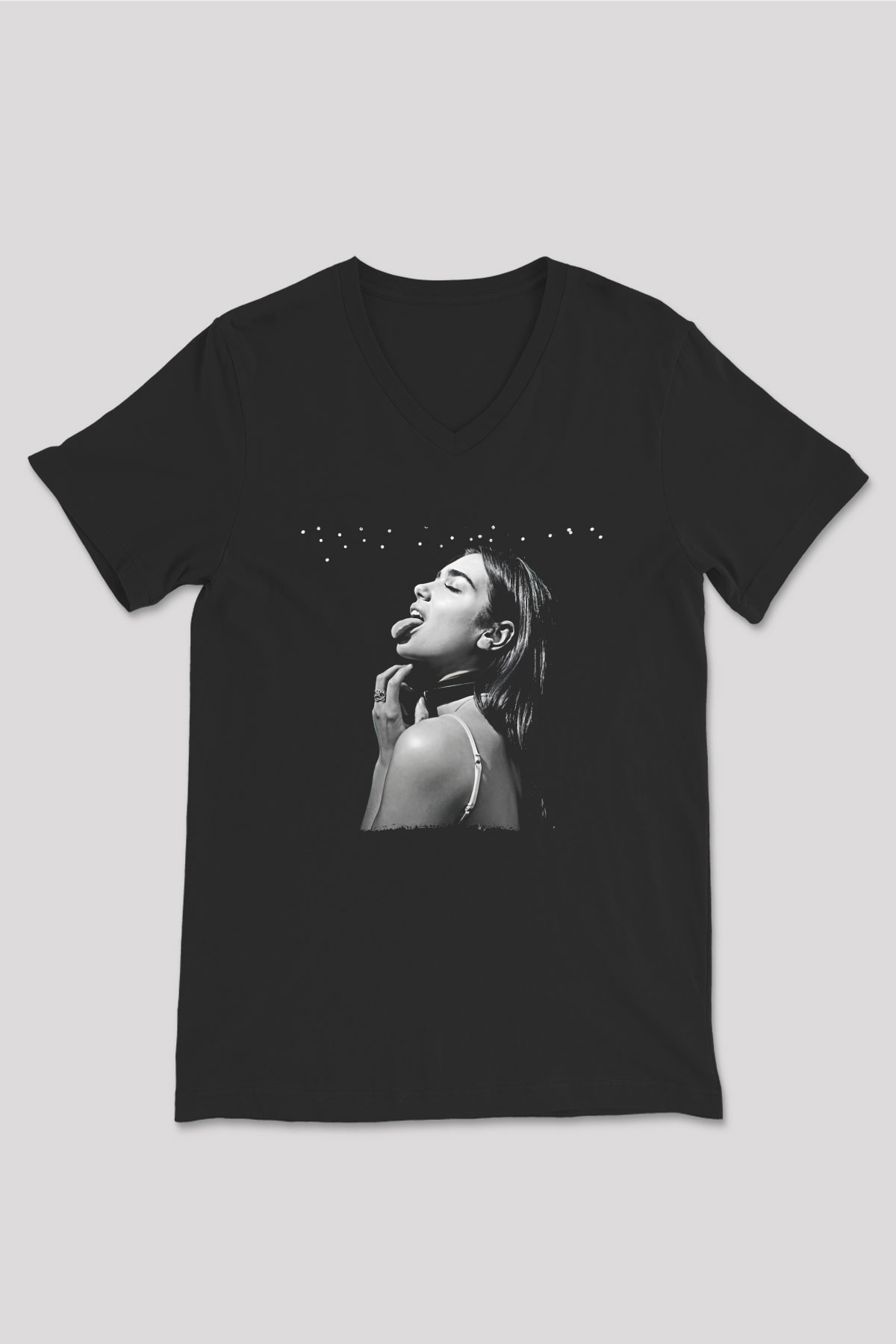 Dua Lipa Baskılı Unisex Siyah V Yaka Tişört - Tshirt