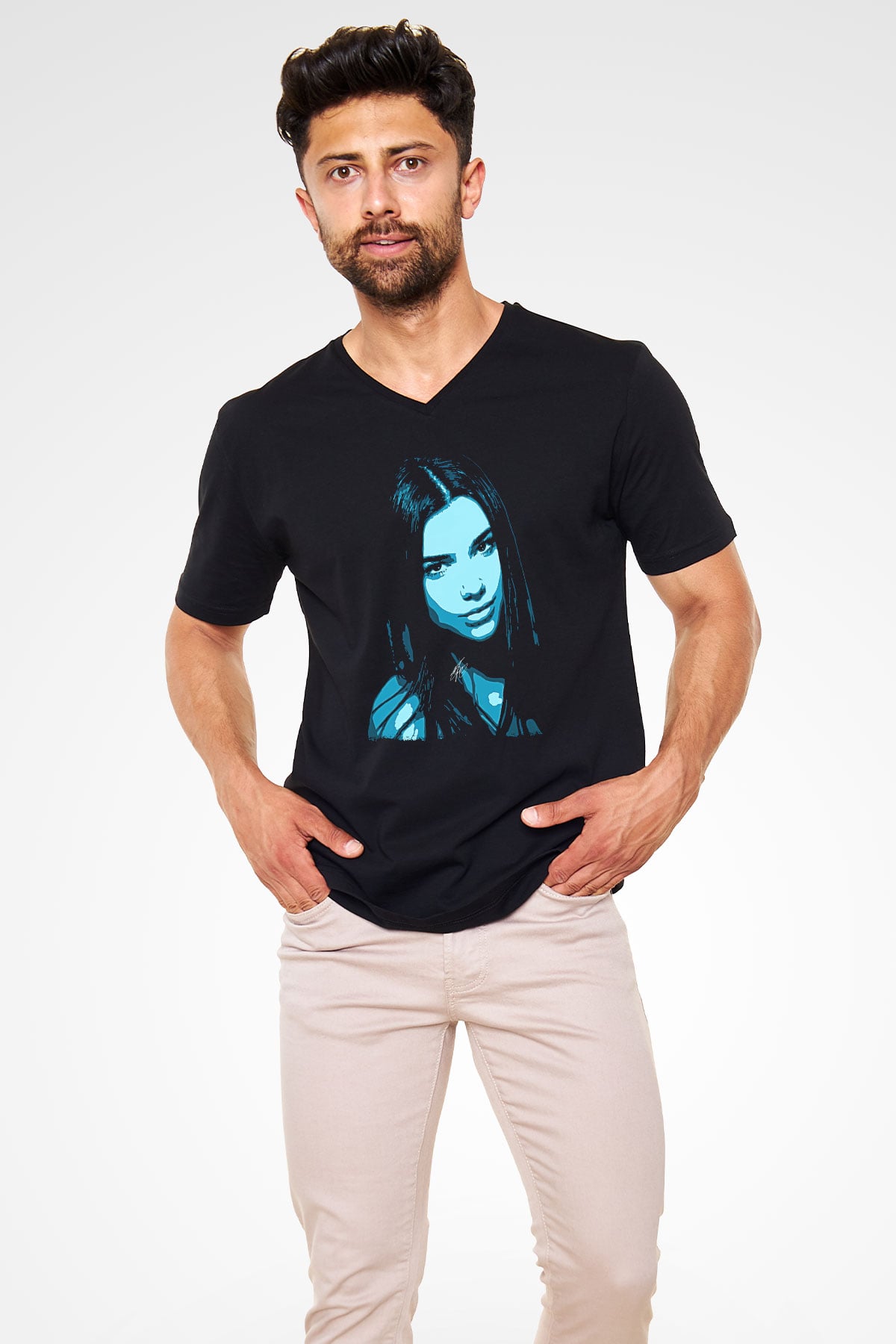Dua Lipa Baskılı Unisex Siyah V Yaka Tişört - Tshirt