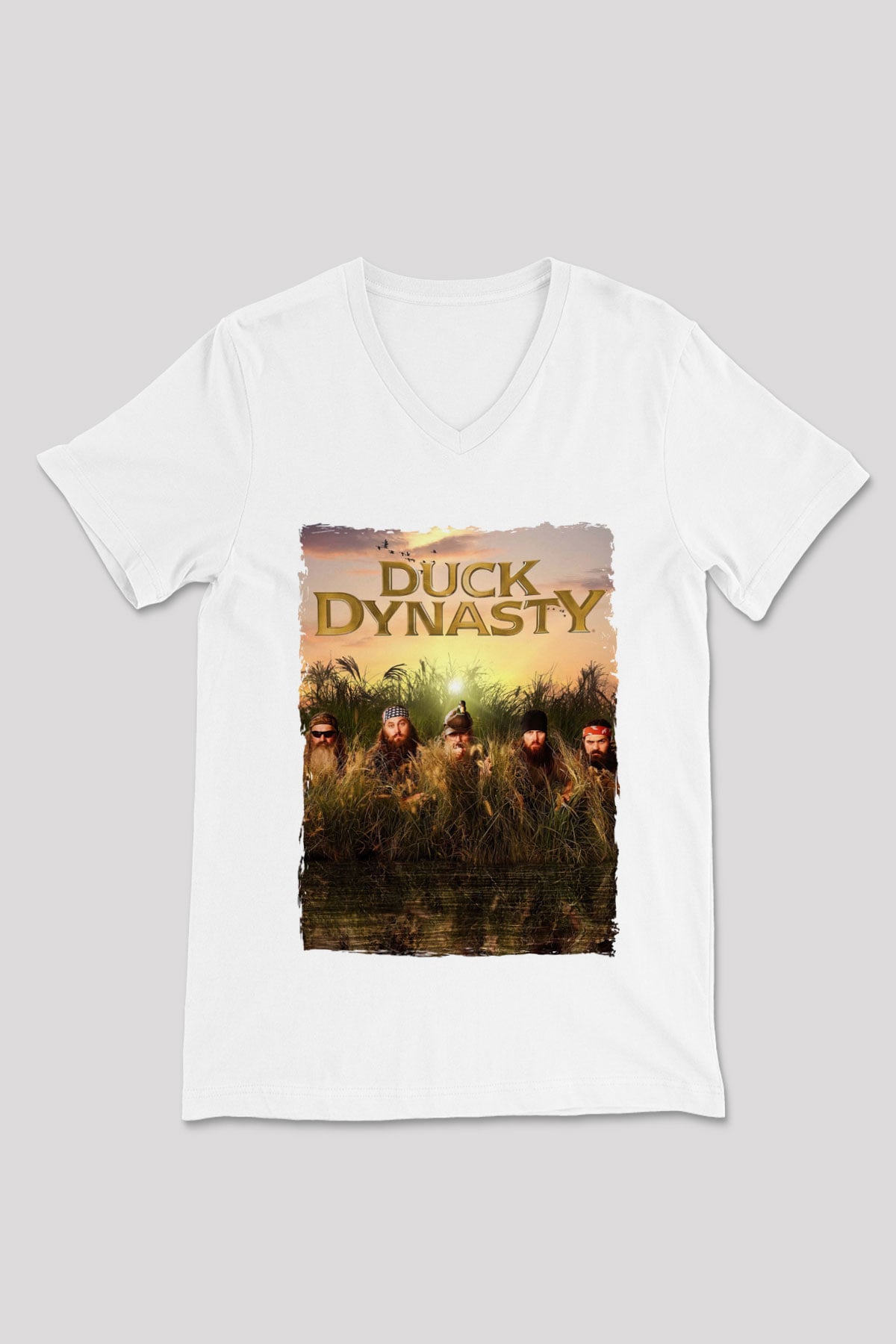 Duck Dynasty Beyaz Unisex V Yaka Tişört