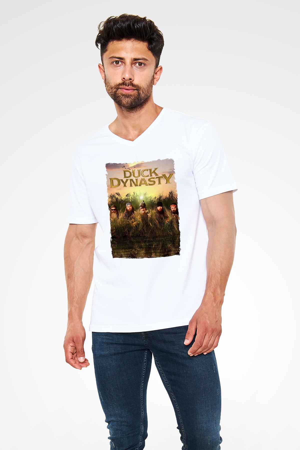 Duck Dynasty Beyaz Unisex V Yaka Tişört
