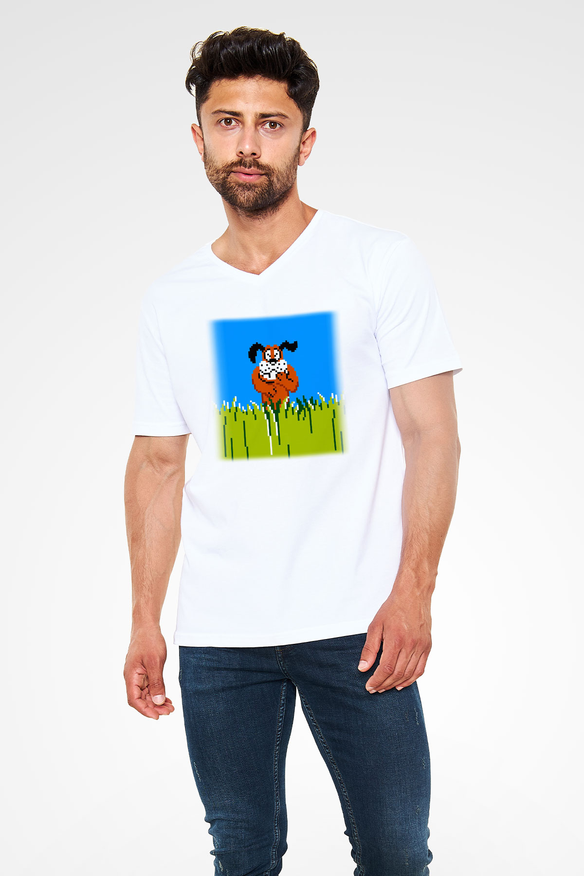 Duck Hunt Beyaz Unisex V Yaka Tişört T-Shirt