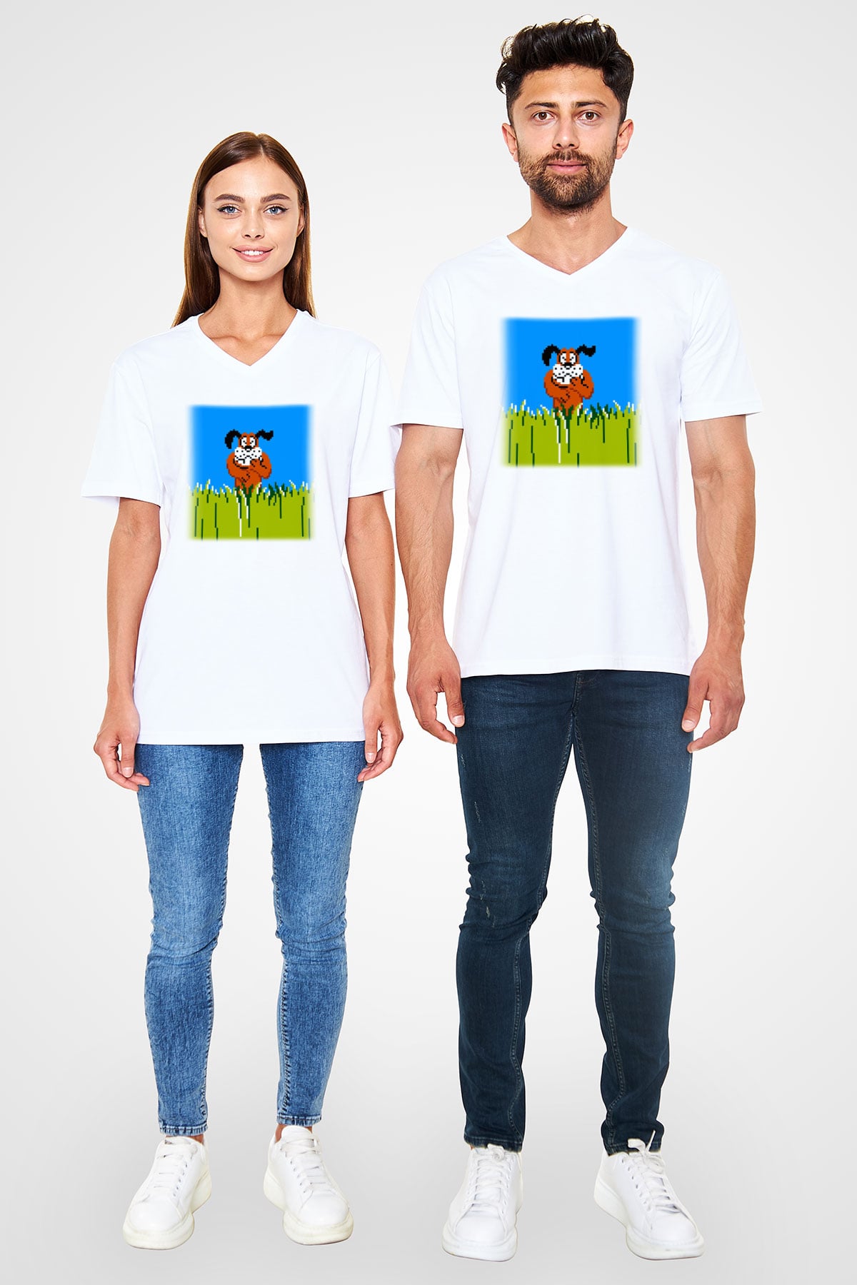 Duck Hunt Beyaz Unisex V Yaka Tişört T-Shirt