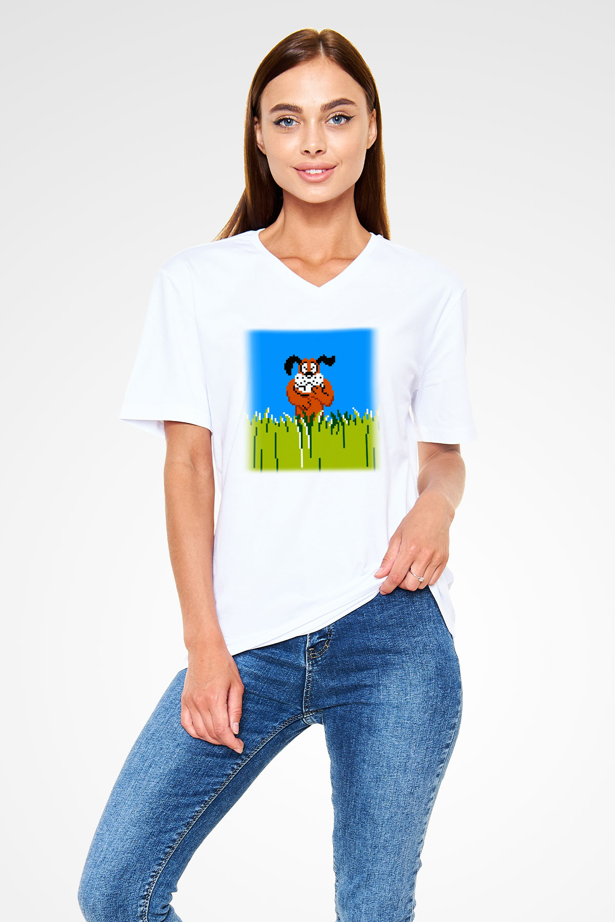 Duck Hunt Beyaz Unisex V Yaka Tişört T-Shirt