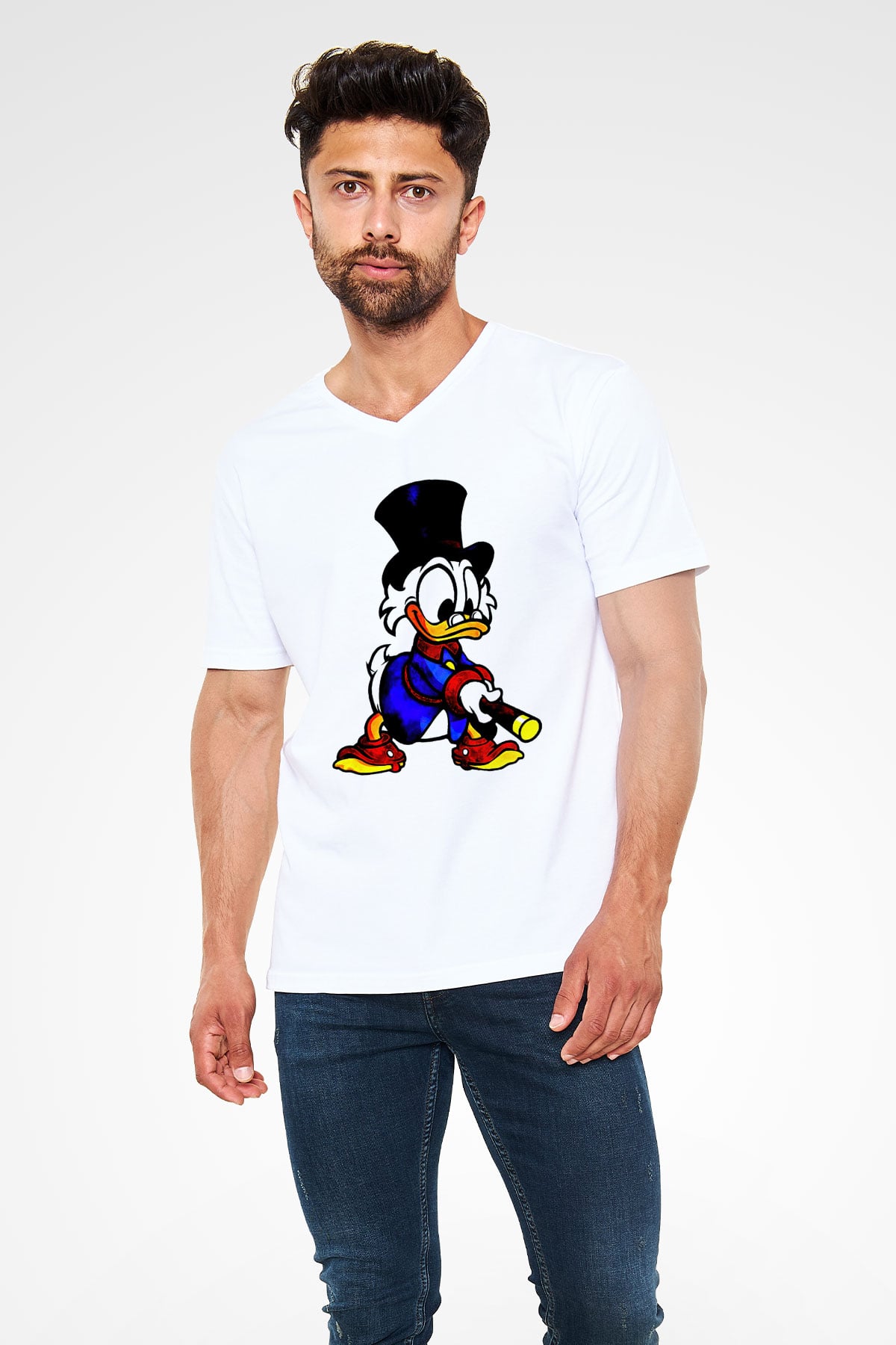 DuckTales Beyaz Unisex  V Yaka Tişört