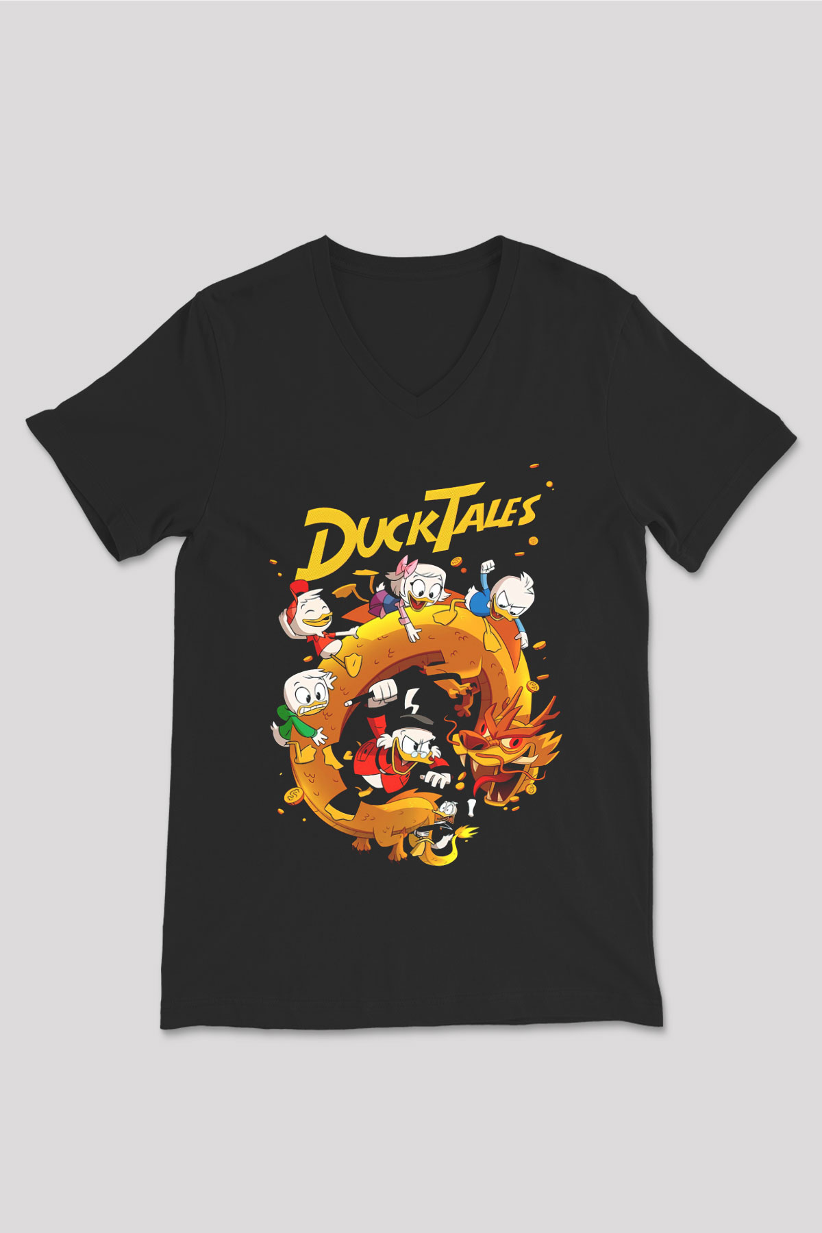 DuckTales Siyah Unisex  V Yaka Tişört