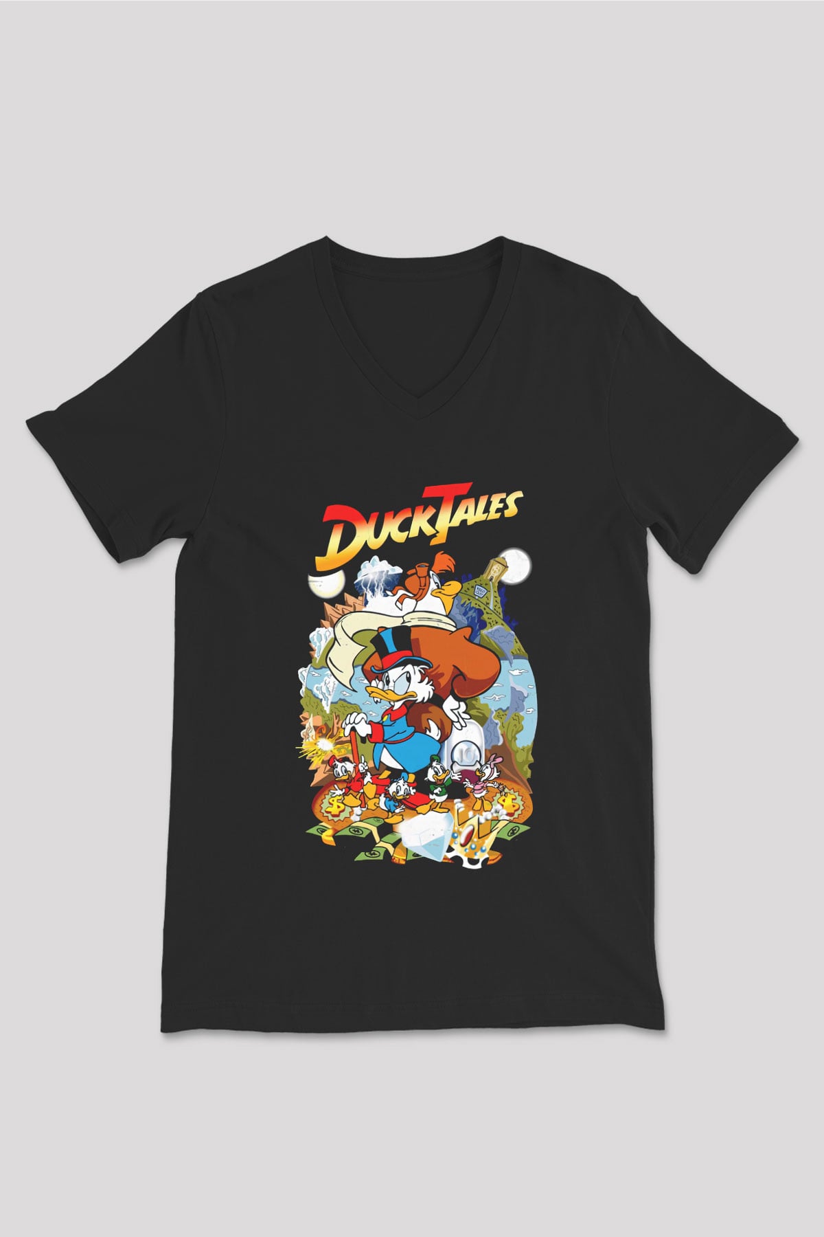 DuckTales Siyah Unisex  V Yaka Tişört
