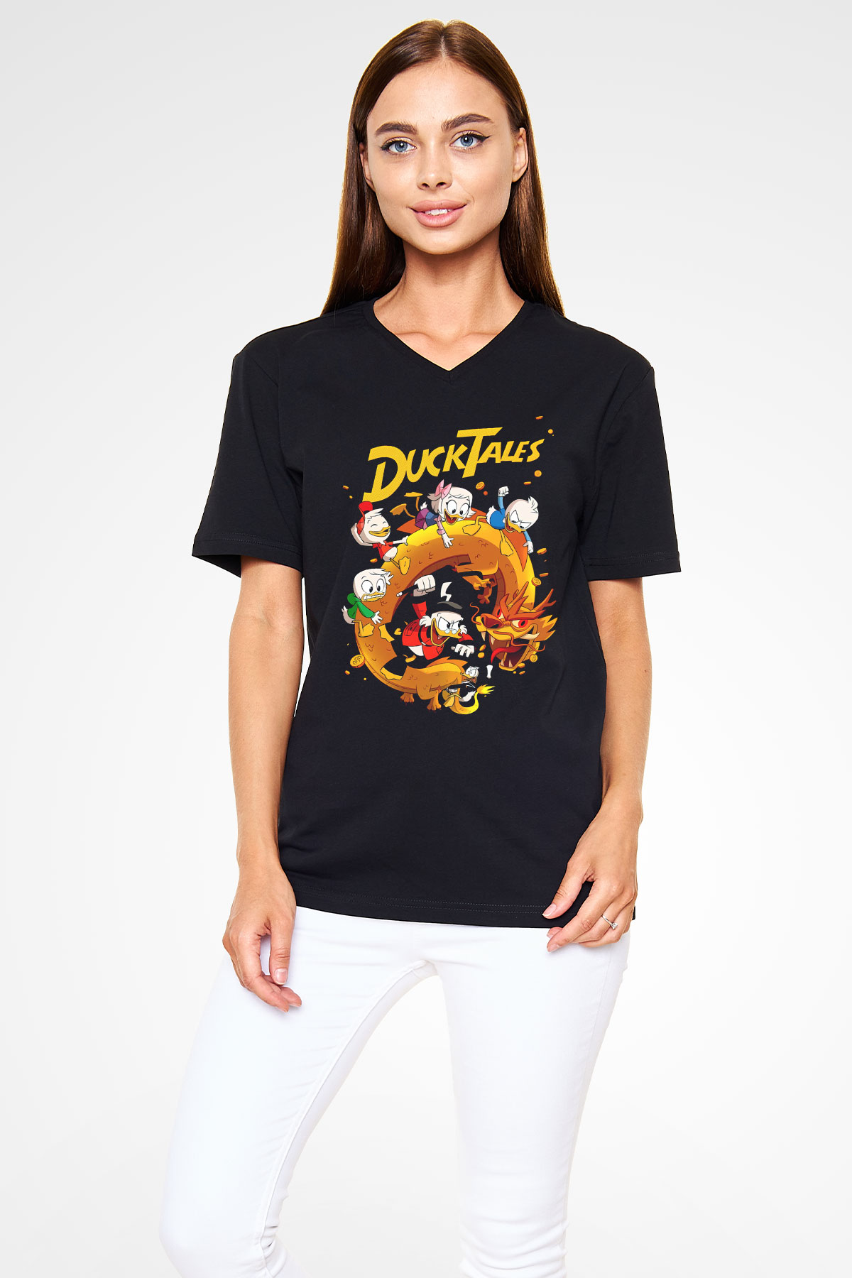 DuckTales Siyah Unisex  V Yaka Tişört