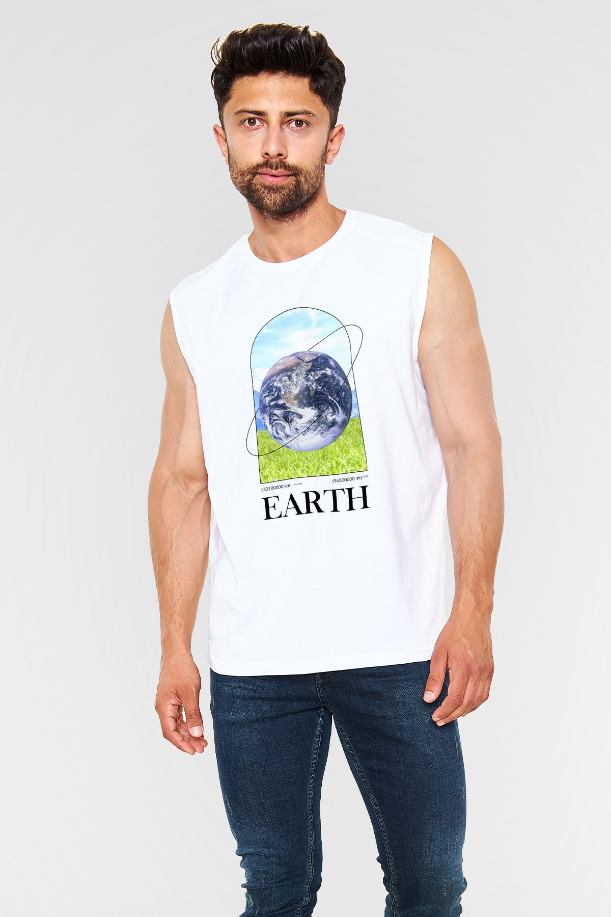 Dünya Baskılı Unisex Kolsuz Beyaz Tişört - Tshirt