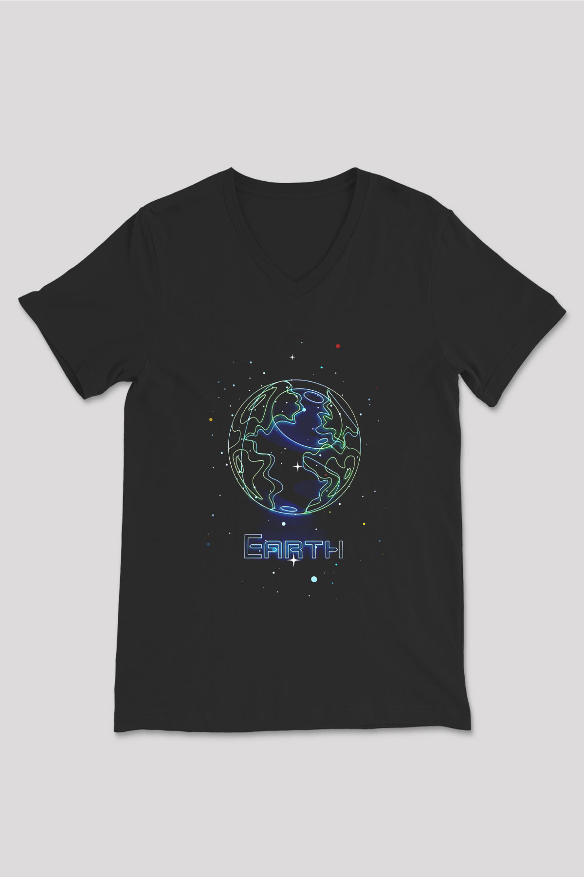 Dünya Çizim Baskılı Unisex V Yaka Siyah Tİşört - Tshirt