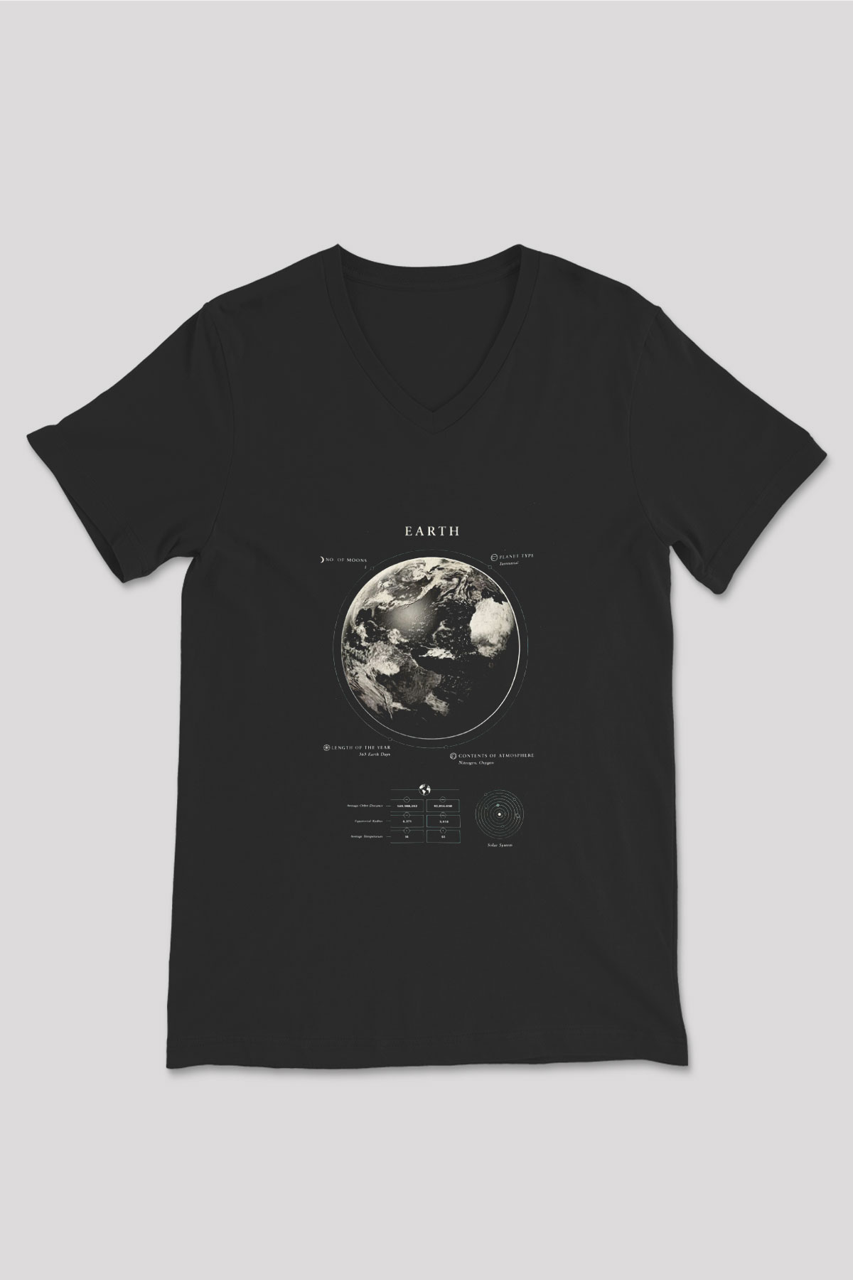 Dünya Fiziksel Özellikleri Baskılı Unisex V Yaka Siyah Tİşört - Tshirt