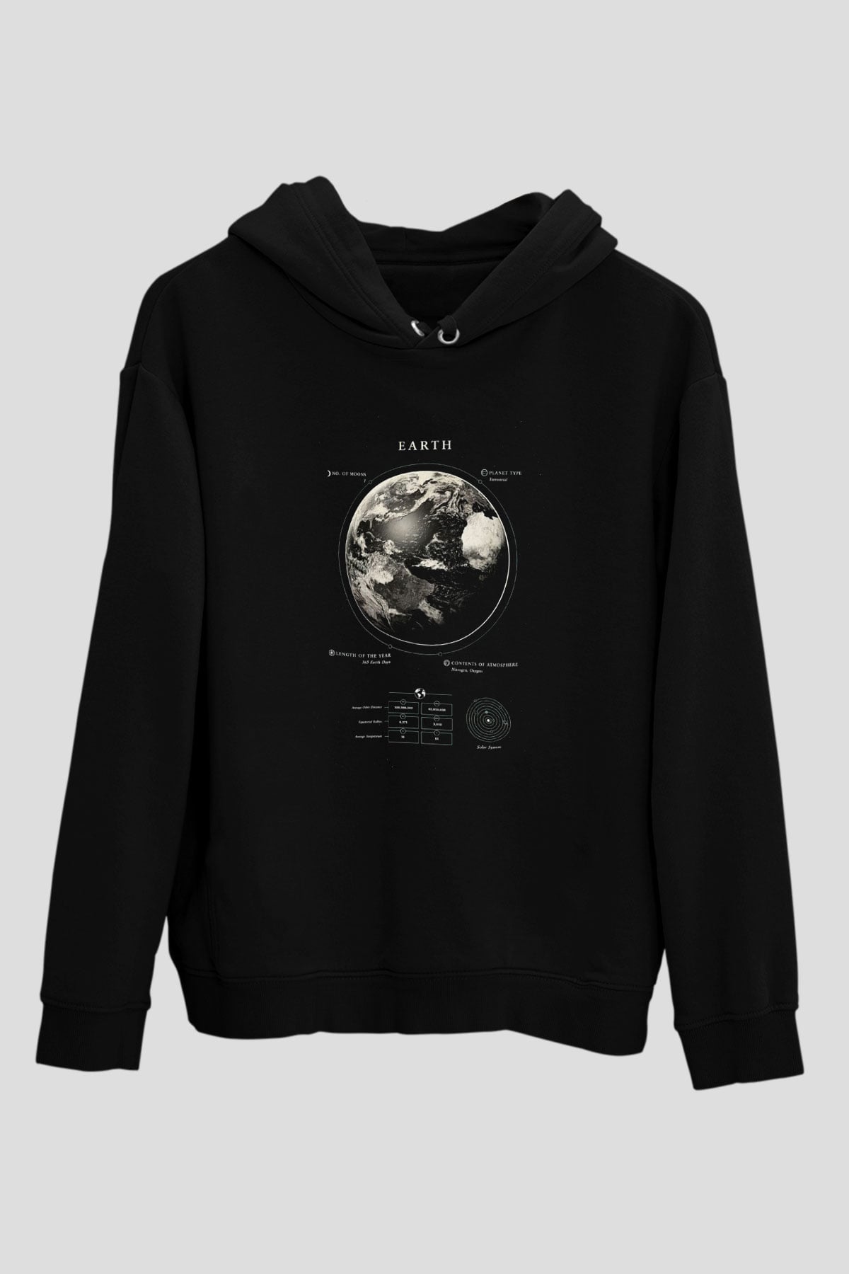 Dünya Fiziksel Özellikleri Baskılı Unisex Siyah Hoodie
