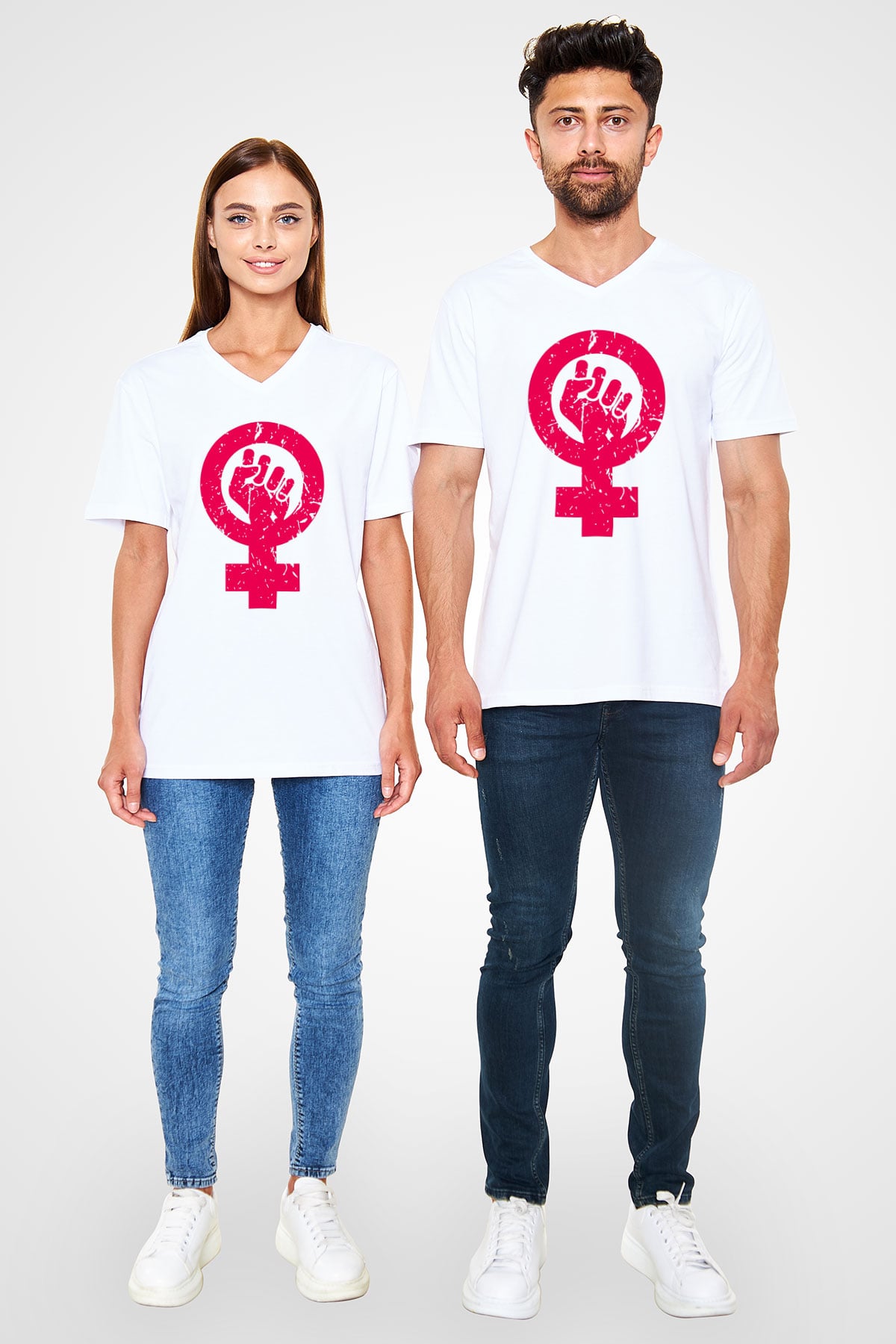 Dünya Kadınlar Günü Beyaz Unisex V Yaka Tişört T-Shirt