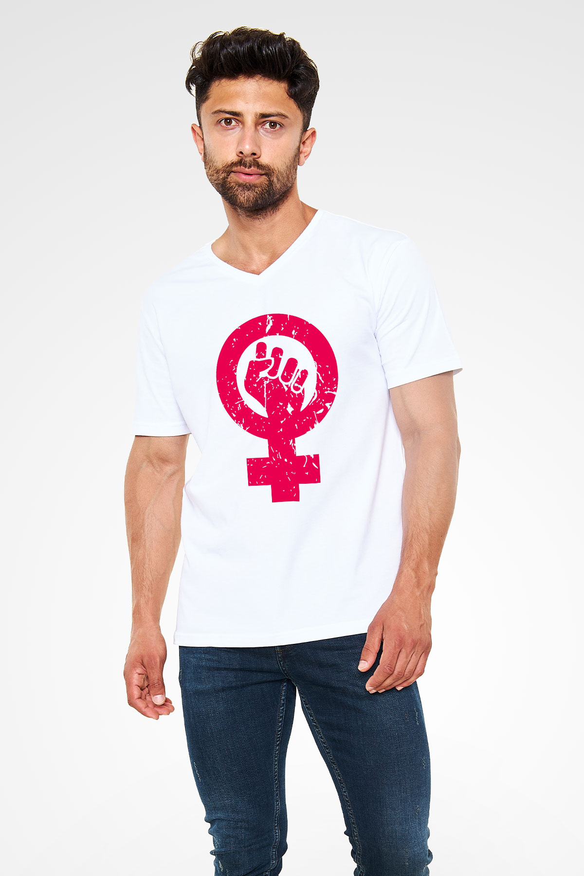 Dünya Kadınlar Günü Beyaz Unisex V Yaka Tişört T-Shirt