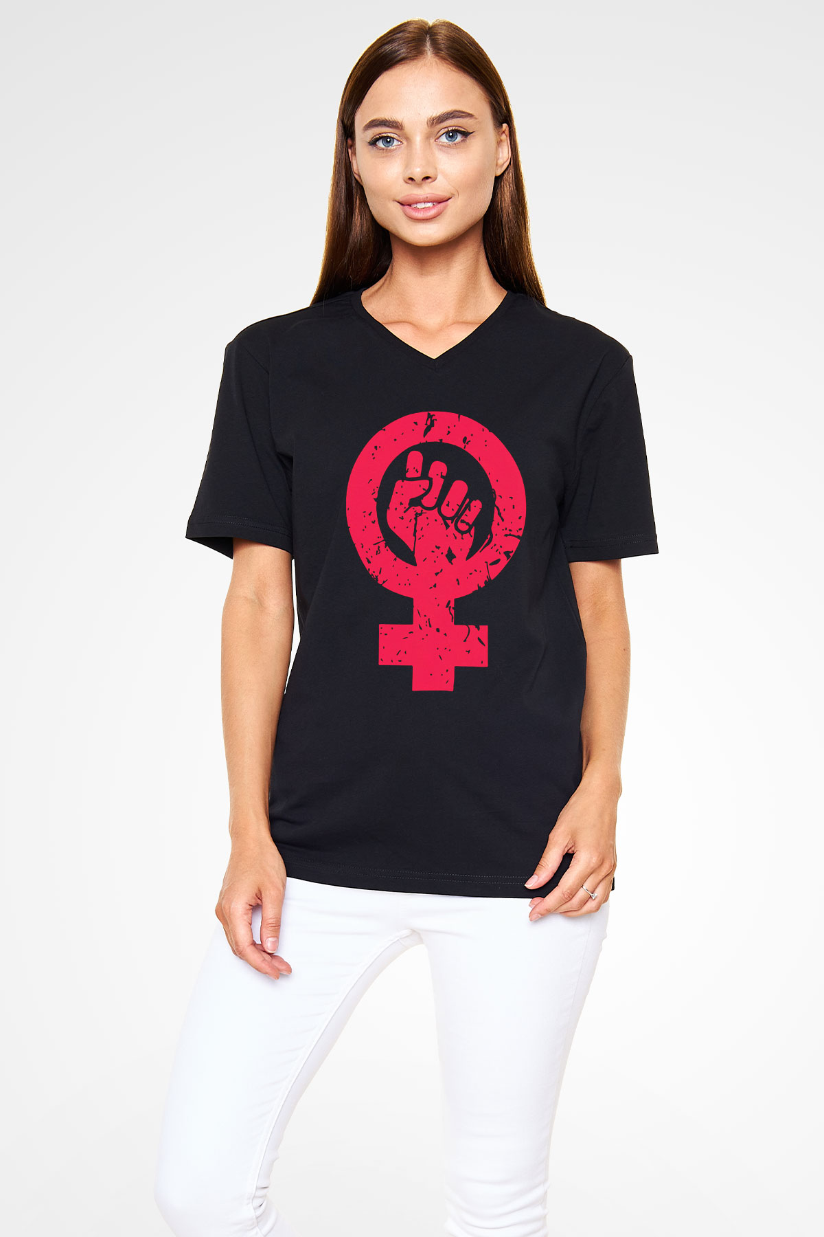 Dünya Kadınlar Günü Siyah Unisex V Yaka Tişört T-Shirt