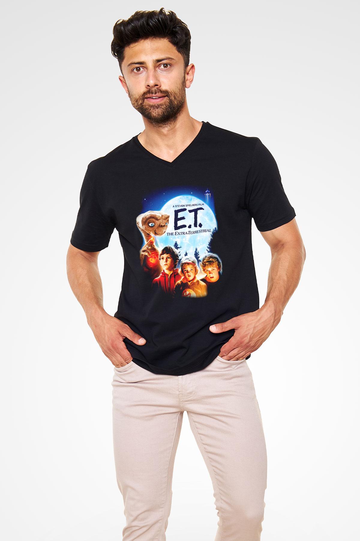 E.T. Siyah Unisex V Yaka Tişört