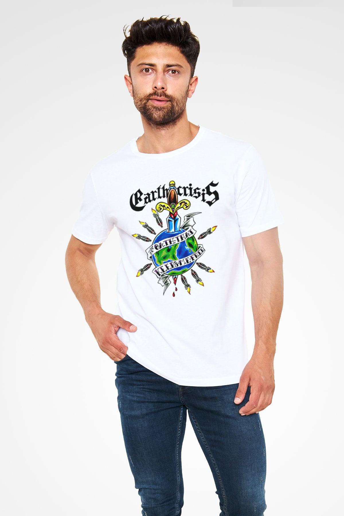 Earth Crisis Baskılı Unisex Beyaz Tişört - Tshirt