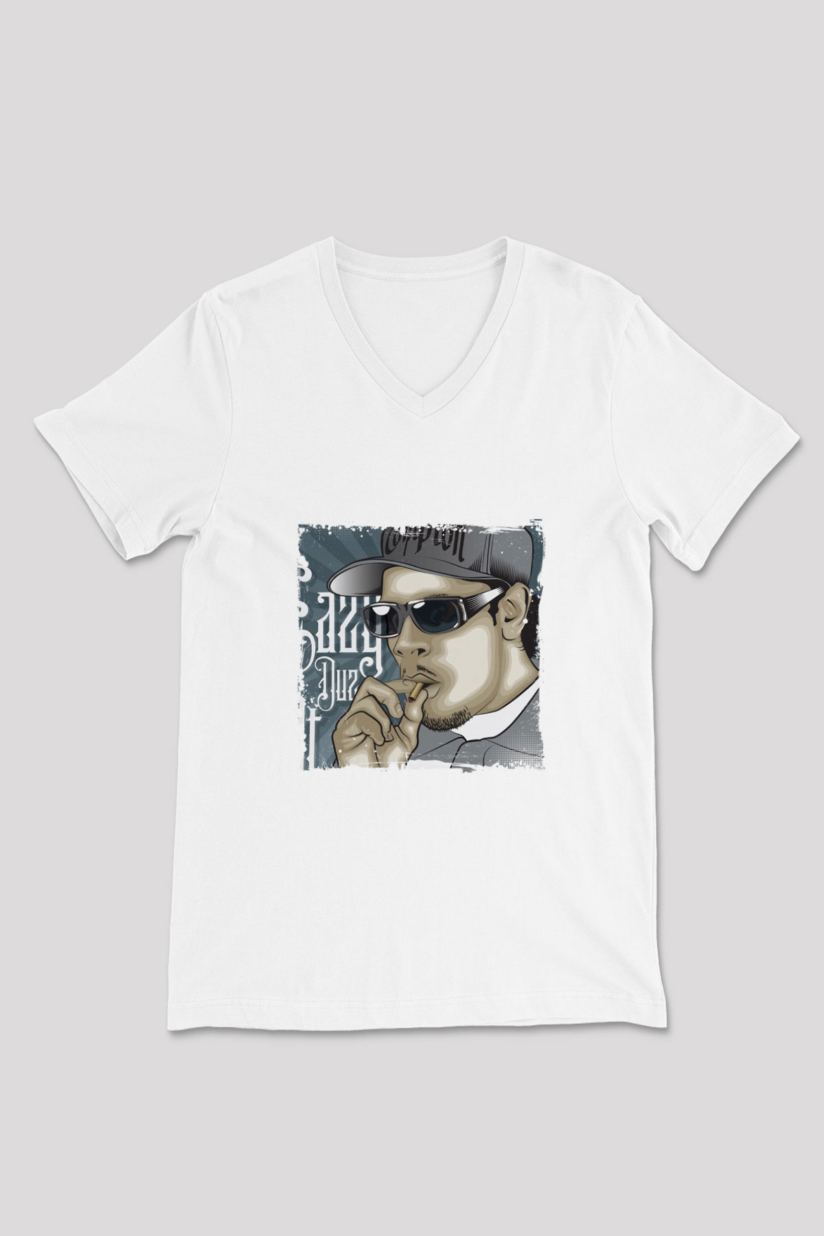 Eazy-E Baskılı Beyaz V Yaka Unisex Tişört