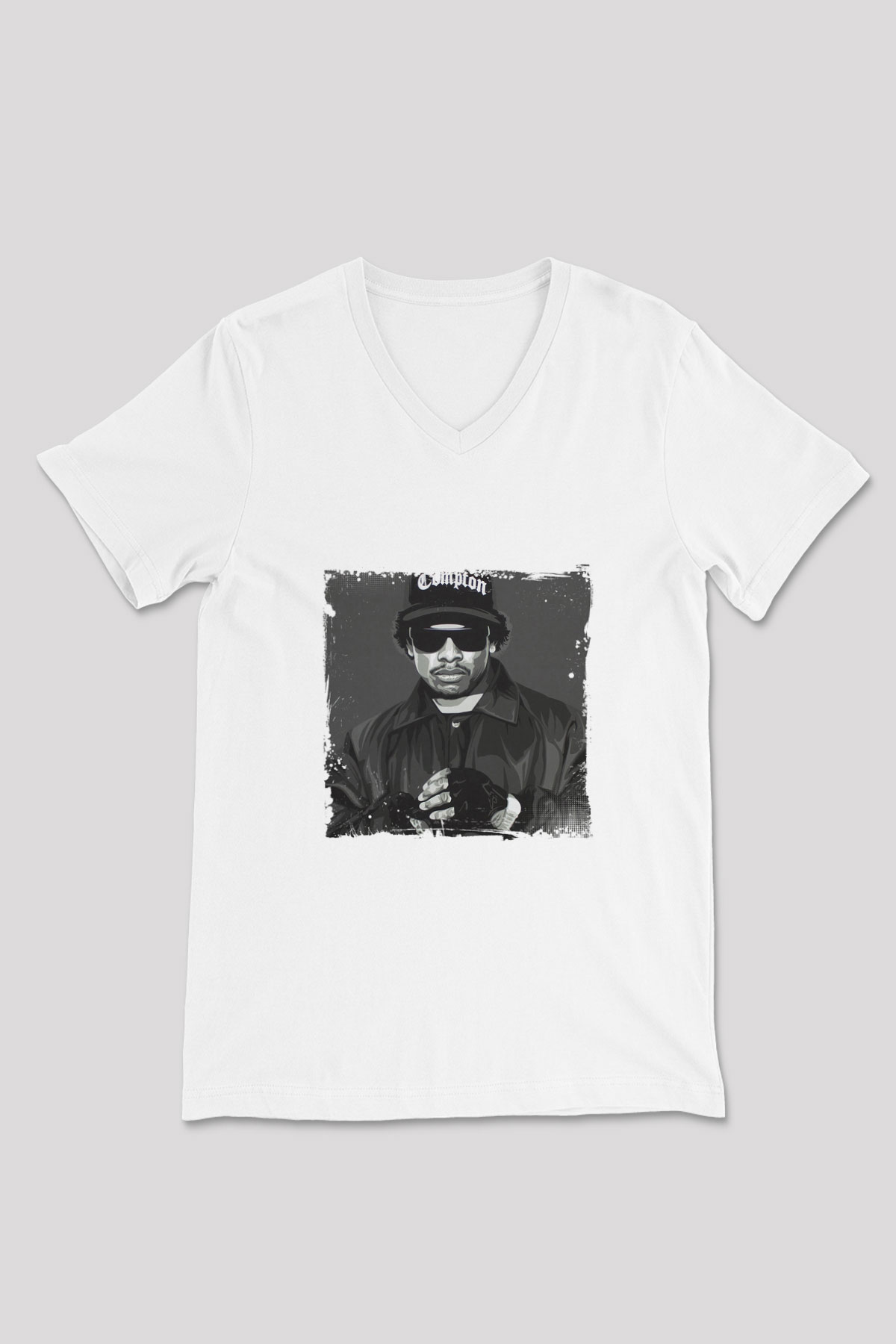 Eazy-E Baskılı Beyaz V Yaka Unisex Tişört