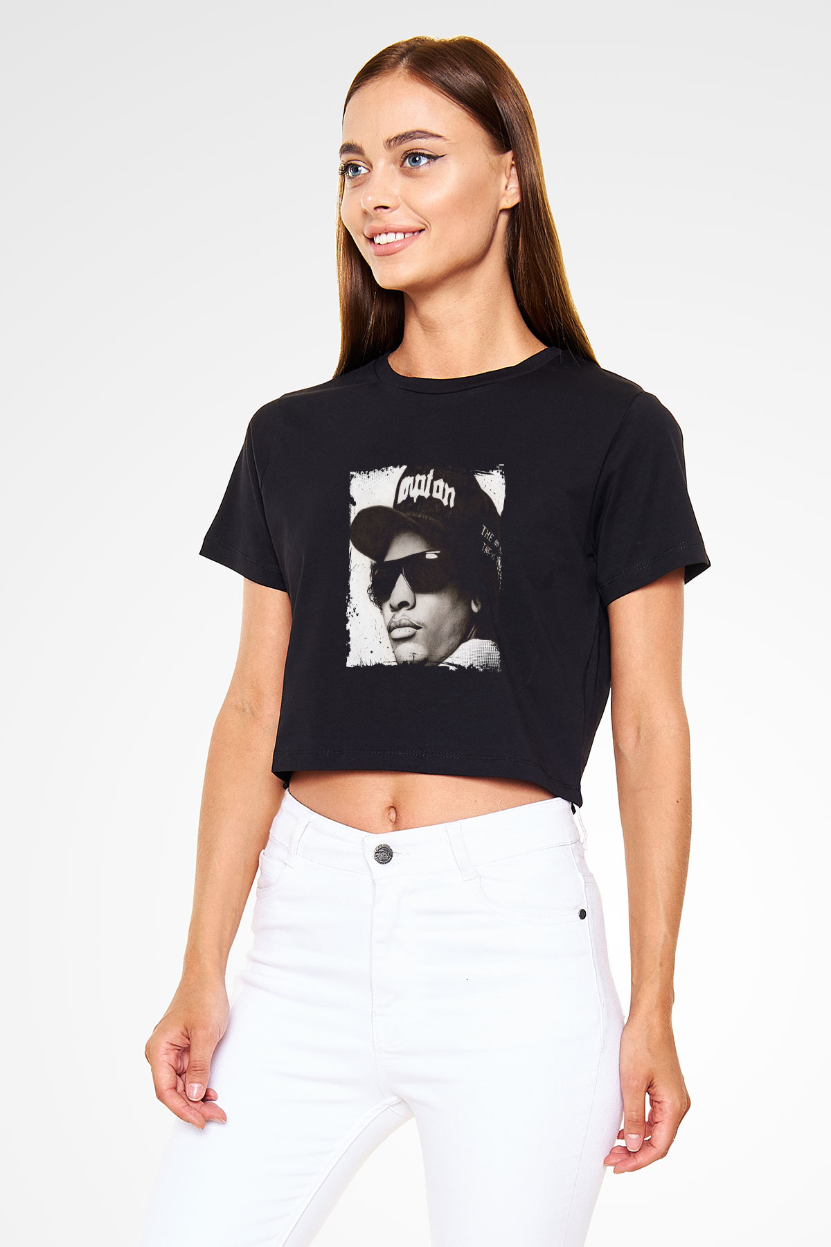 Eazy-E Baskılı Crop Top Siyah Kadın Tişört