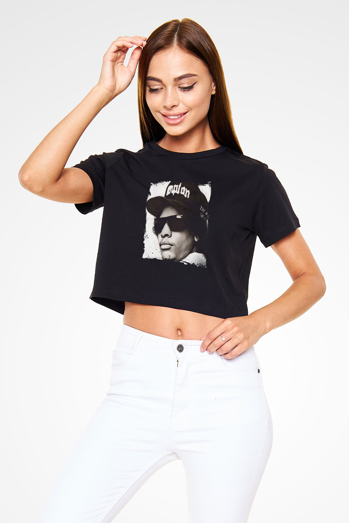 Eazy-E Baskılı Crop Top Siyah Kadın Tişört