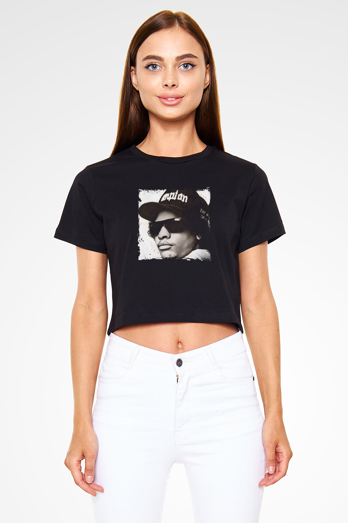 Eazy-E Baskılı Crop Top Siyah Kadın Tişört
