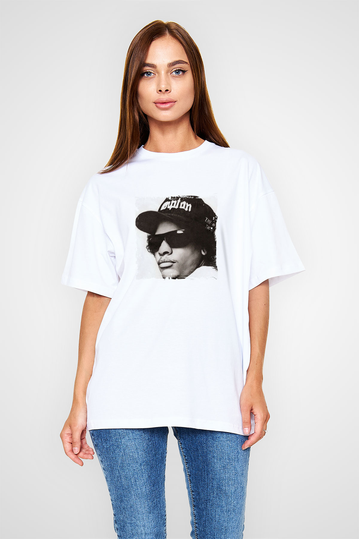 Eazy-E Baskılı Oversize Beyaz Tişört