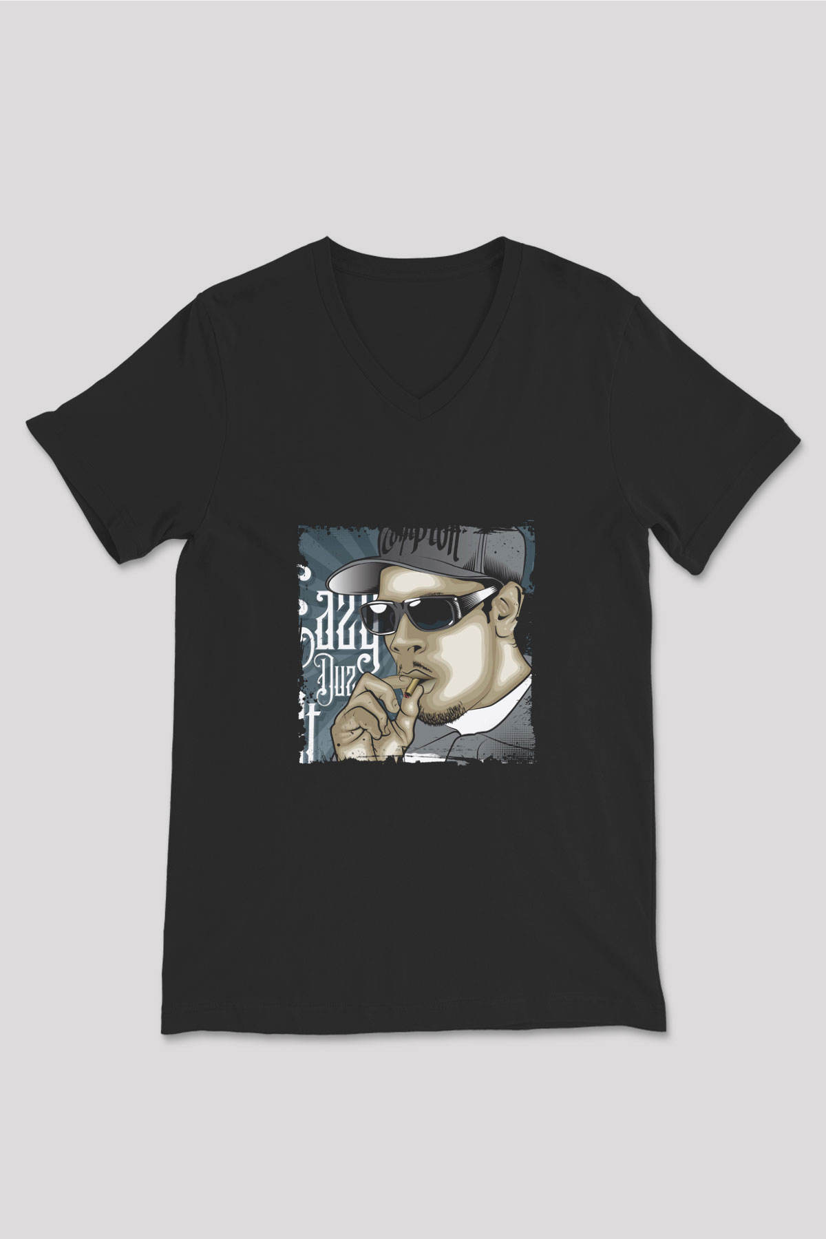 Eazy-E Baskılı Unisex Siyah V Yaka Tişört
