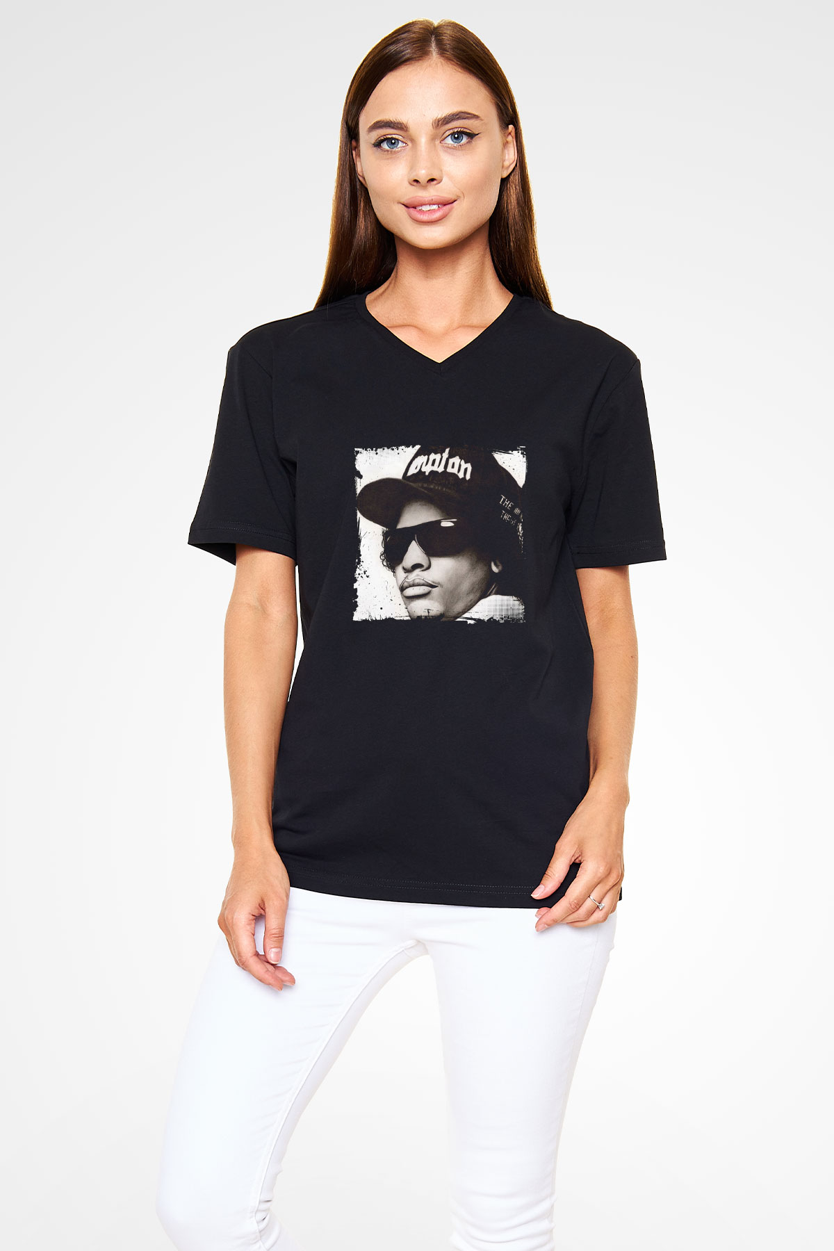 Eazy-E Baskılı Unisex Siyah V Yaka Tişört