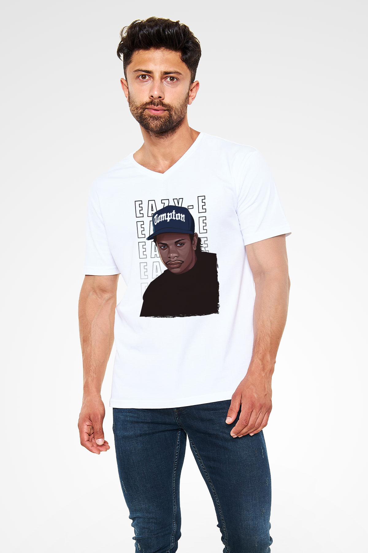 Eazy-E Beyaz Unisex V Yaka Tişört