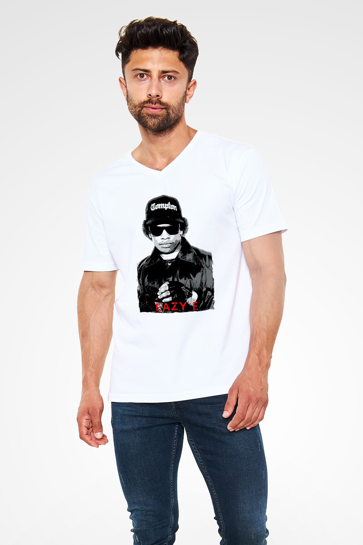 Eazy-E Beyaz Unisex V Yaka Tişört