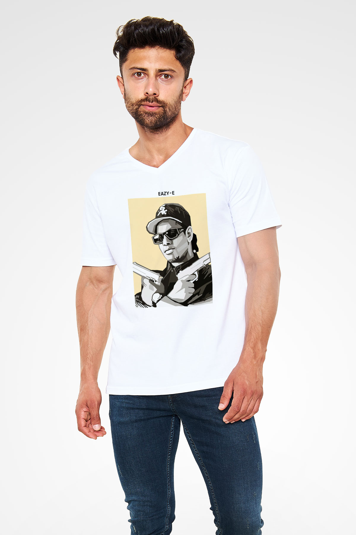 Eazy-E Beyaz Unisex V Yaka Tişört
