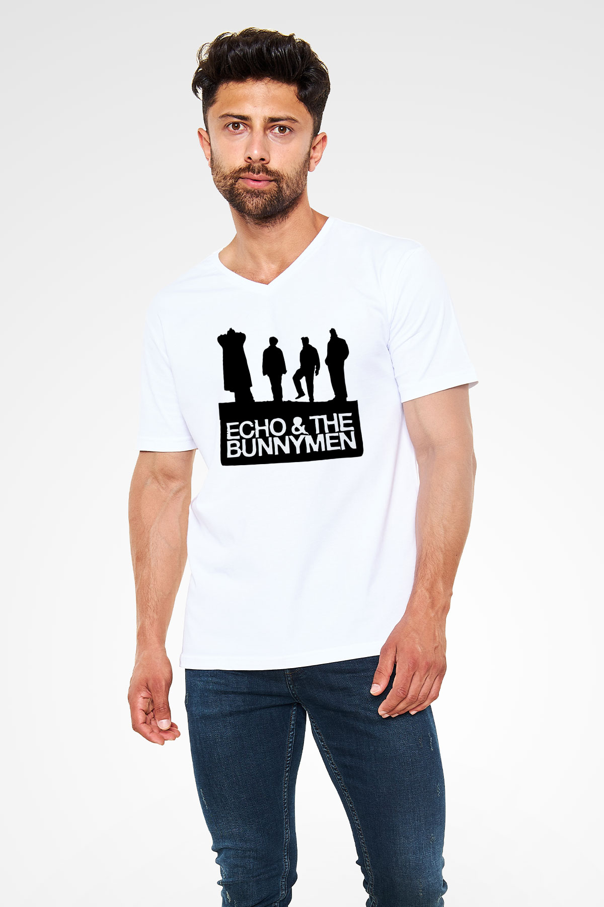 Echo and the Bunnymen Beyaz Unisex V Yaka Tişört T-Shirt