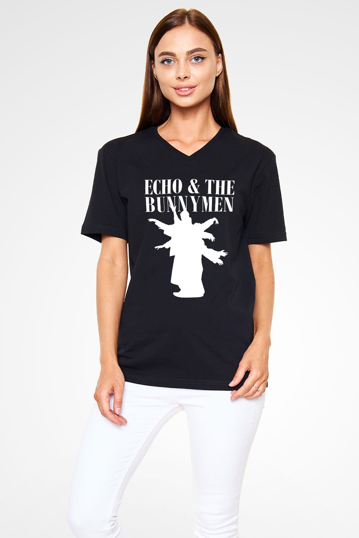 Echo and the Bunnymen Siyah Unisex V Yaka Tişört T-Shirt