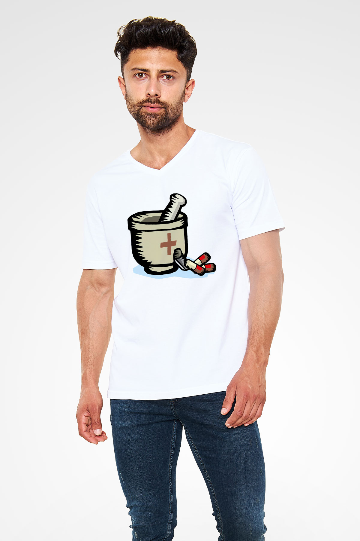 Eczacı Beyaz Unisex V Yaka Tişört T-Shirt
