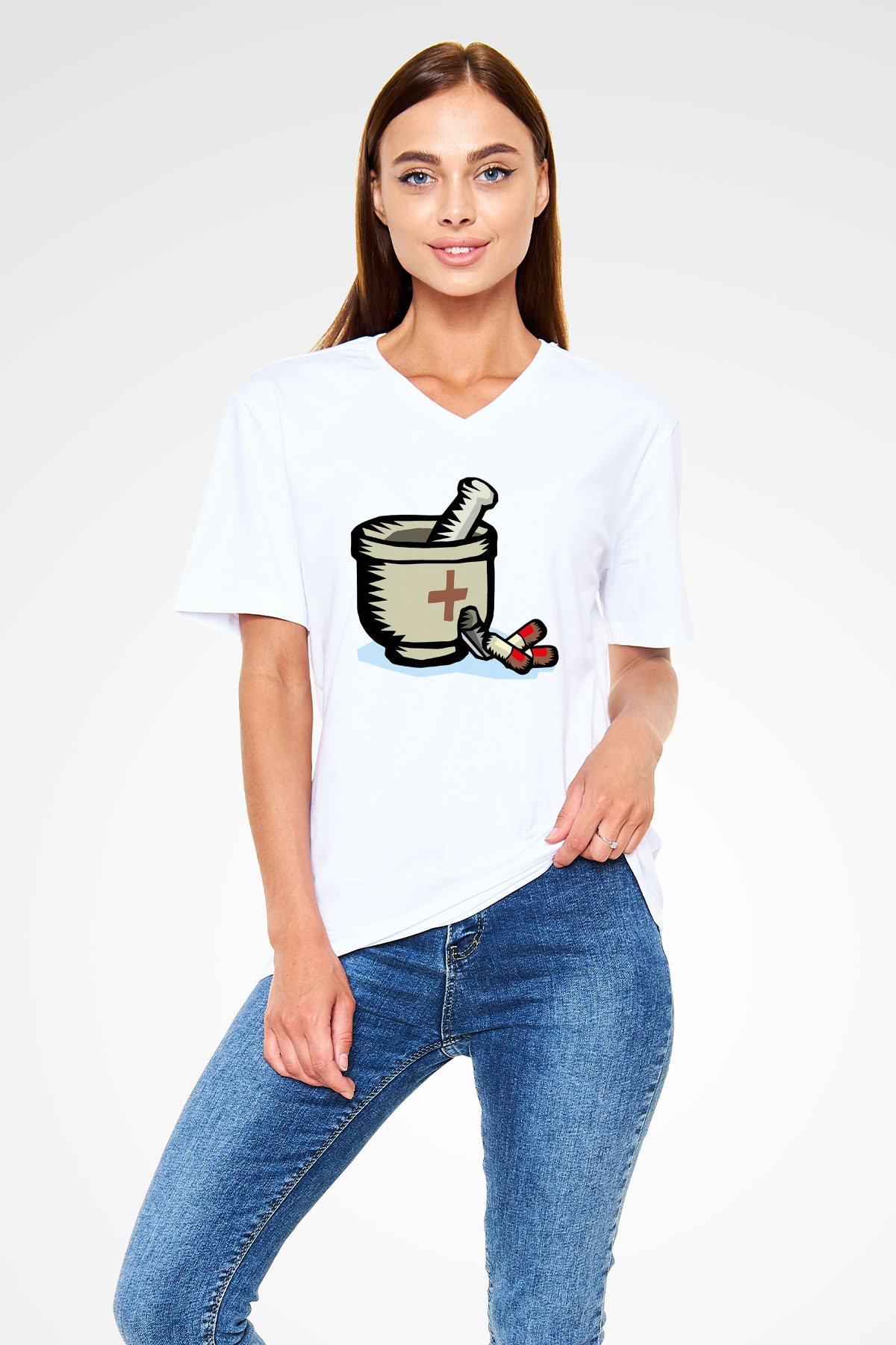 Eczacı Beyaz Unisex V Yaka Tişört T-Shirt