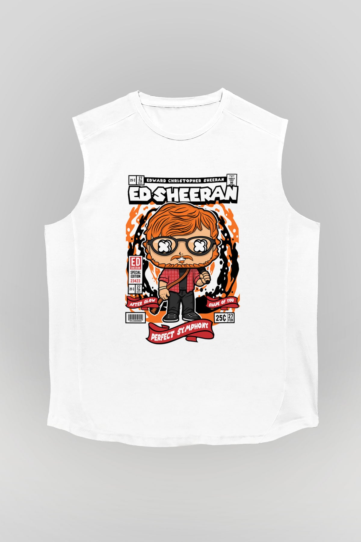 Ed Sheeran Baskılı Unisex Beyaz Kolsuz Tişört