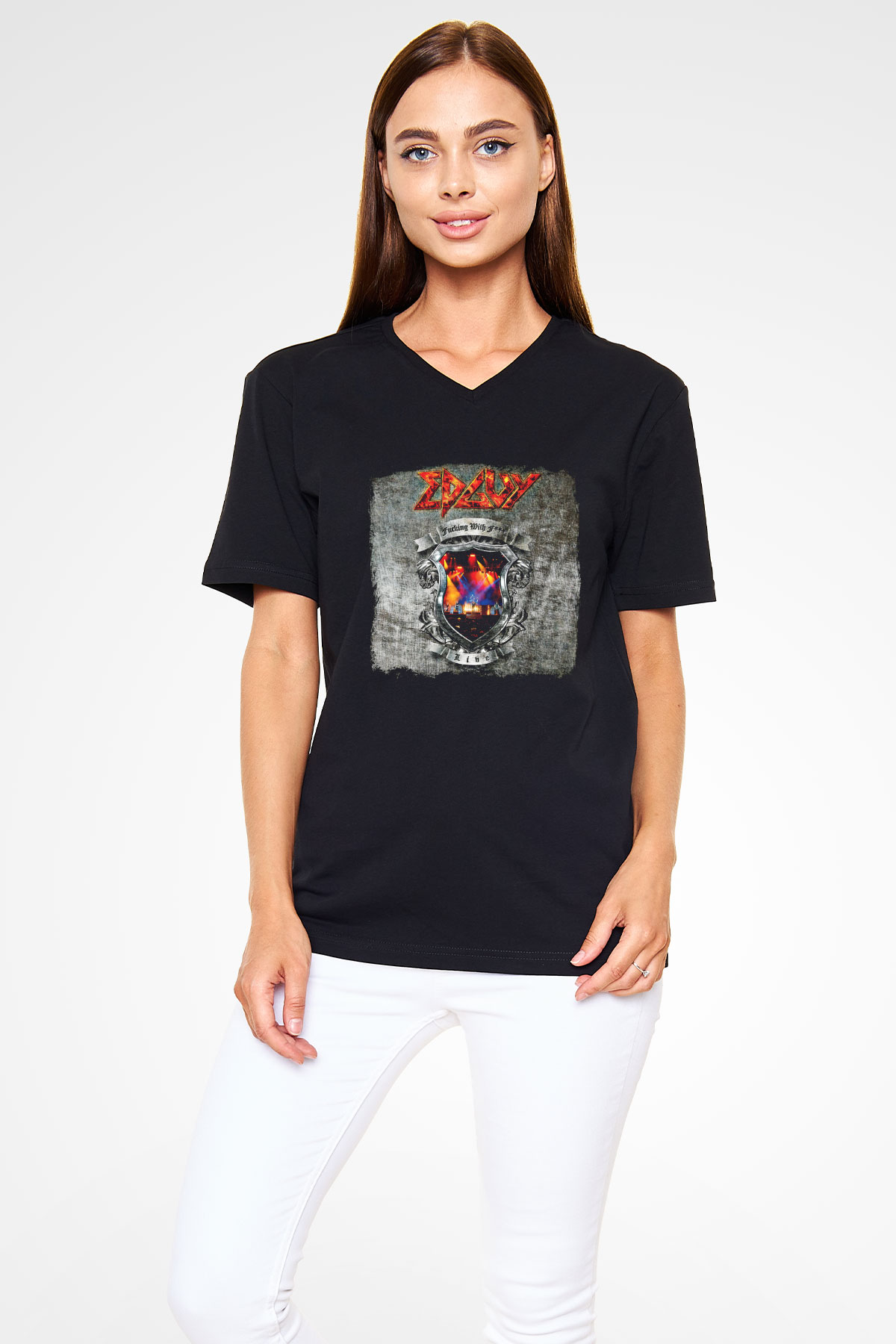 Edguy Baskılı Unisex Siyah V Yaka Tişört