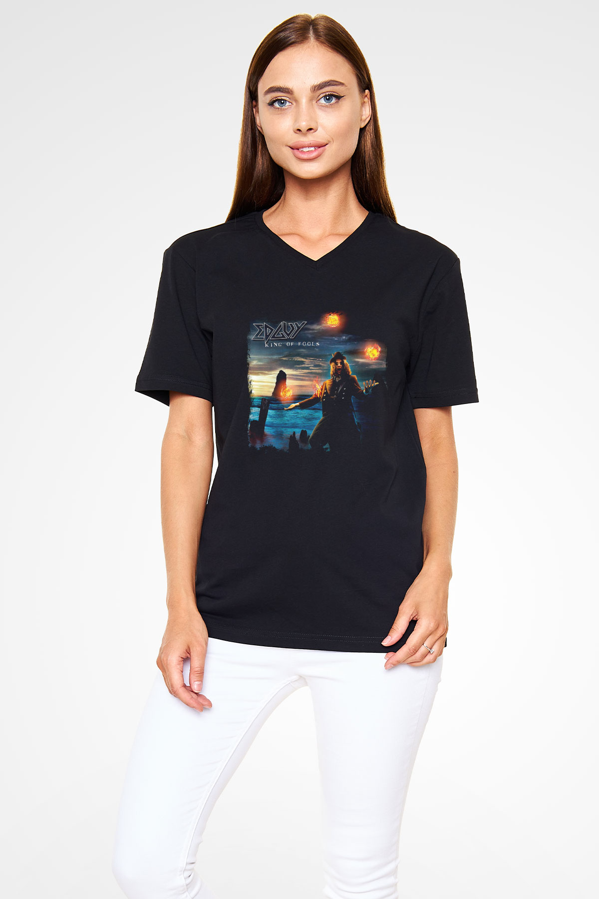 Edguy Baskılı Unisex Siyah V Yaka Tişört