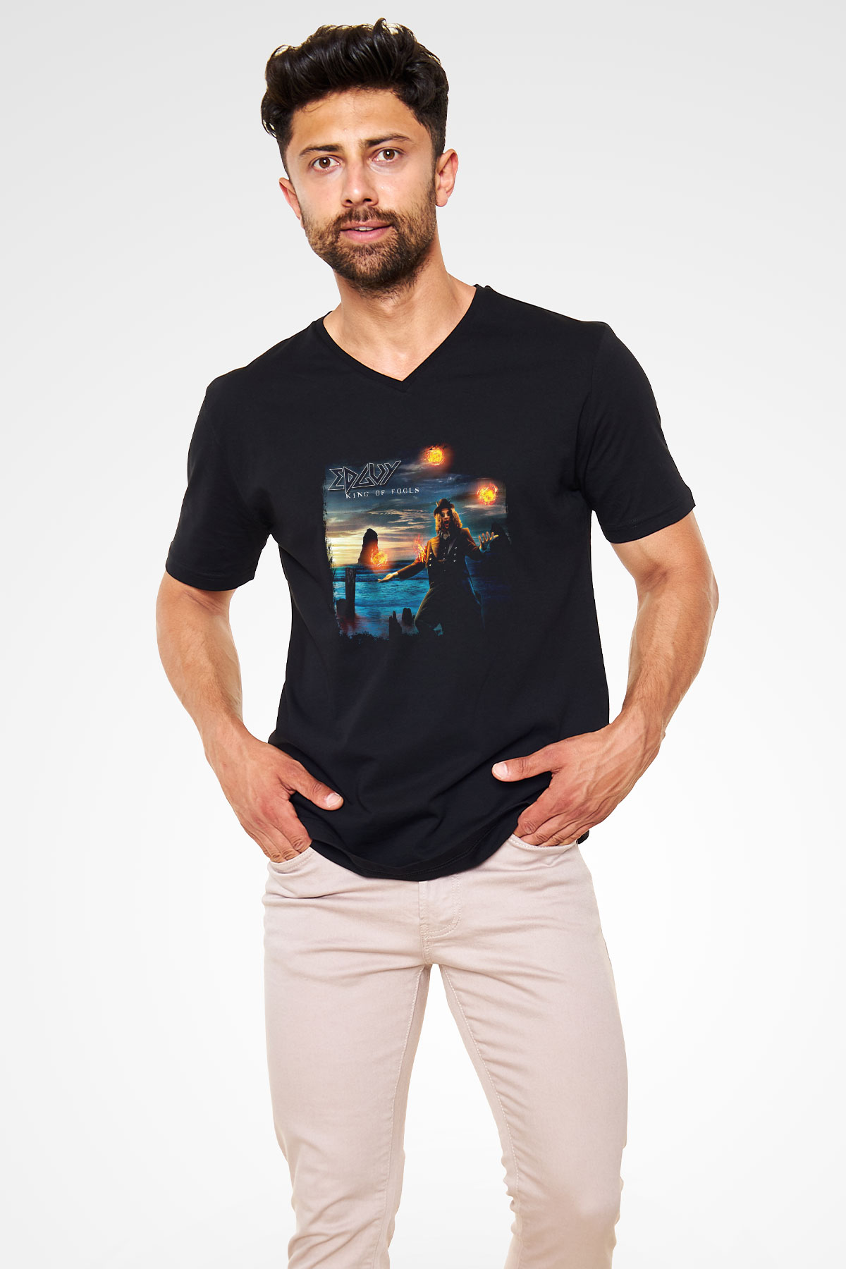 Edguy Baskılı Unisex Siyah V Yaka Tişört