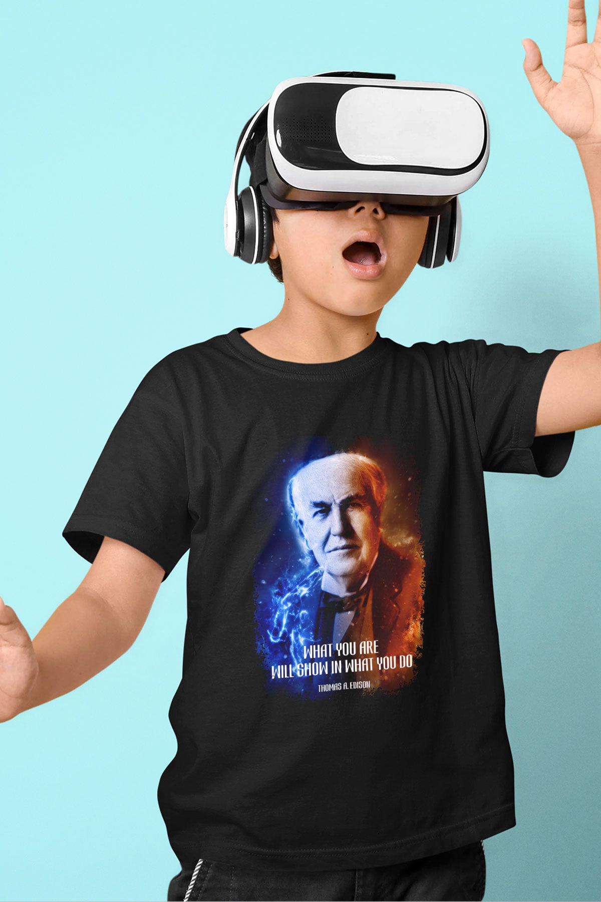 Edison Alıntı Baskılı Unisex Siyah Çocuk Tişörtü - Tshirt