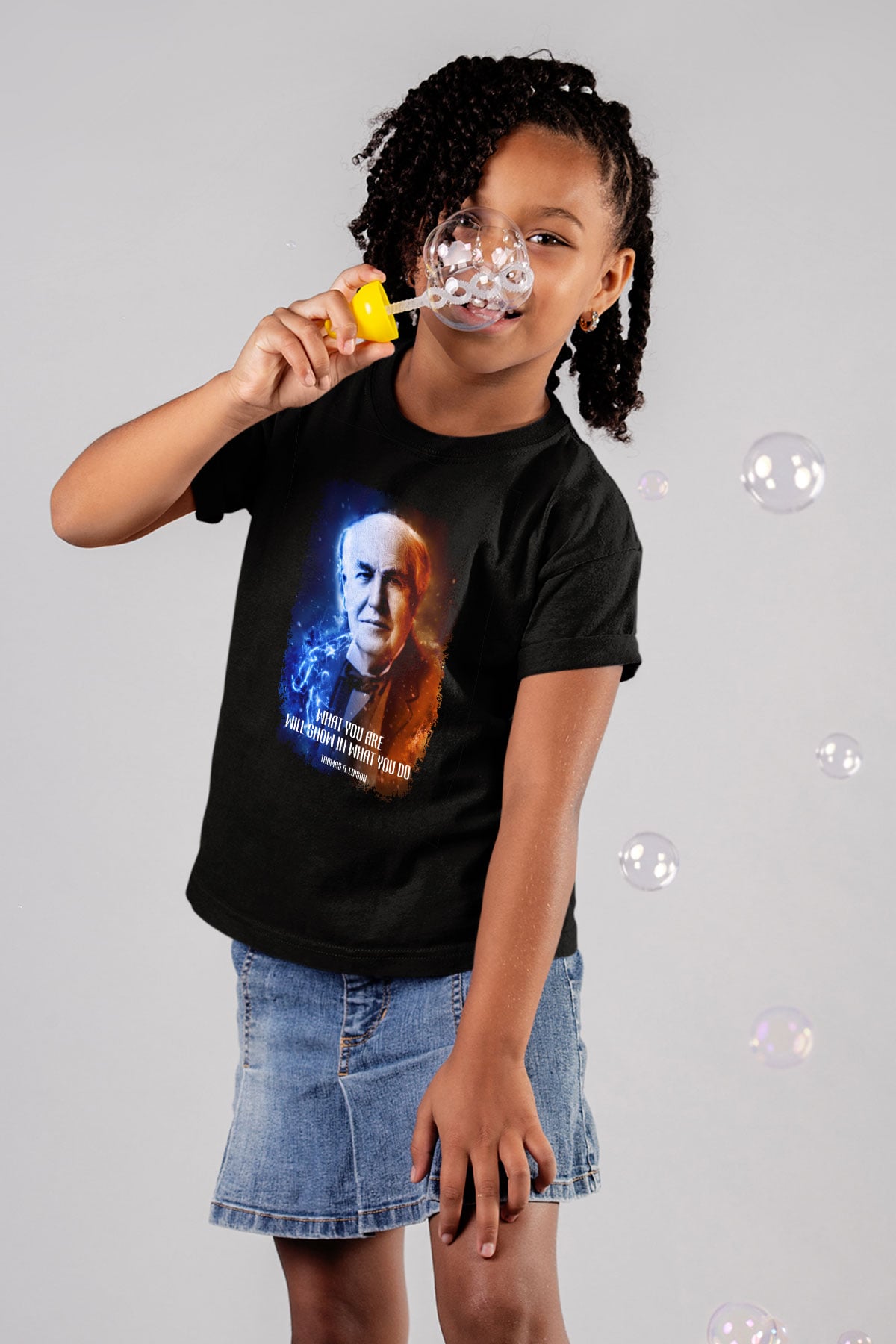 Edison Alıntı Baskılı Unisex Siyah Çocuk Tişörtü - Tshirt