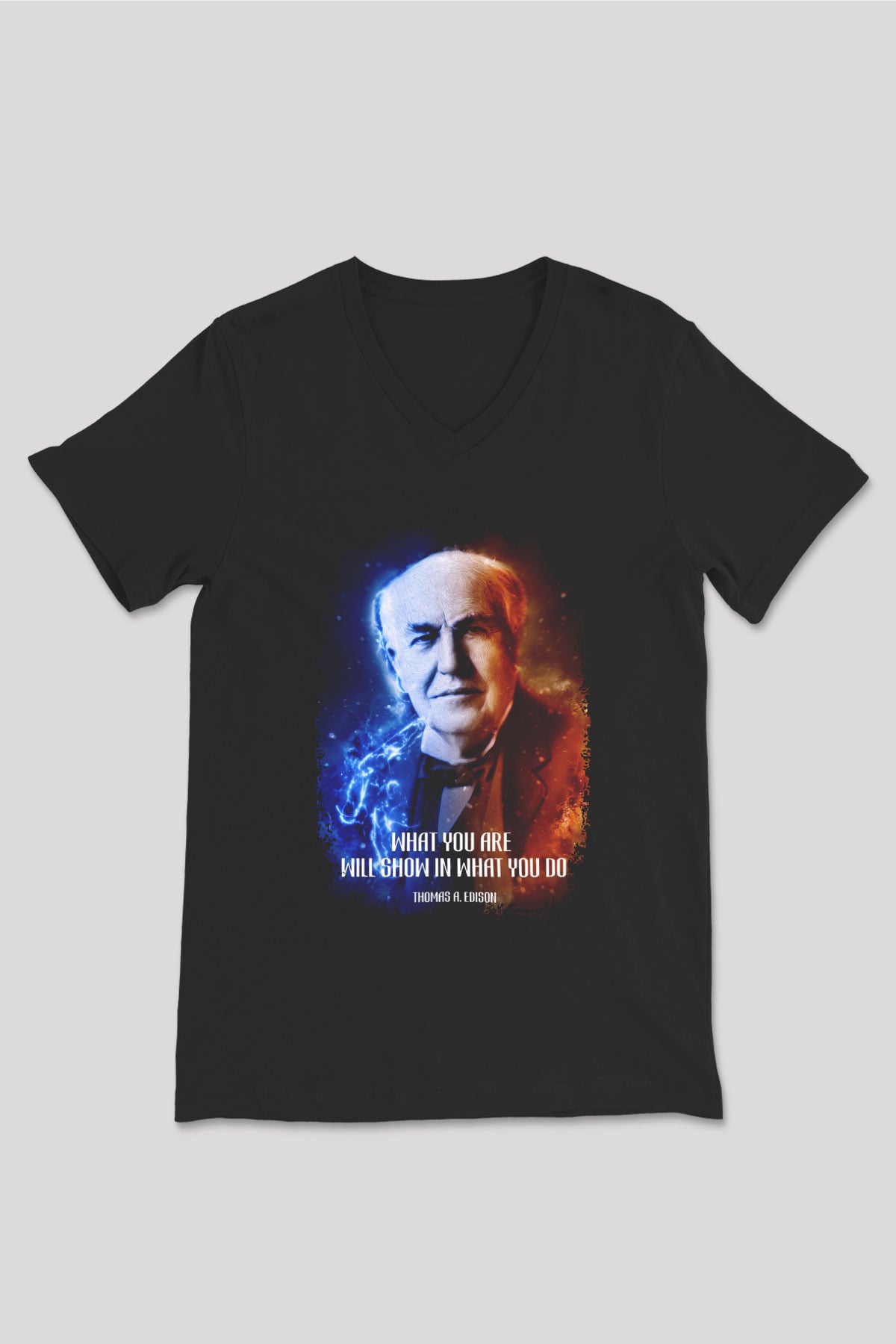 Edison Alıntı Baskılı Unisex V Yaka Siyah Tİşört - Tshirt