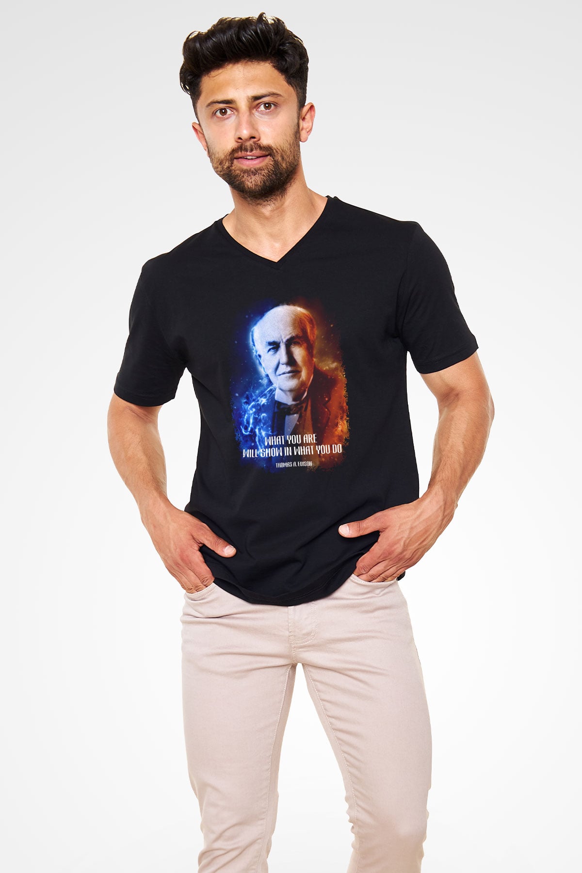 Edison Alıntı Baskılı Unisex V Yaka Siyah Tİşört - Tshirt