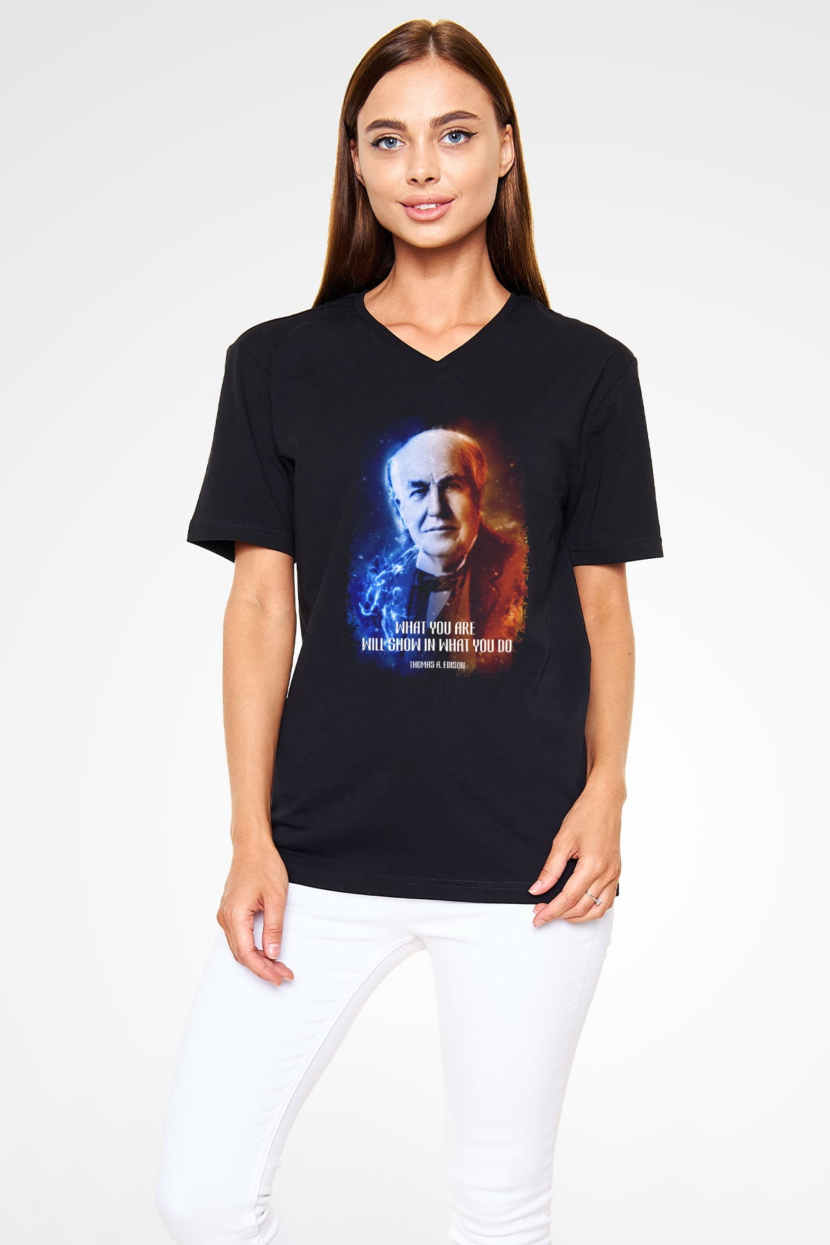 Edison Alıntı Baskılı Unisex V Yaka Siyah Tİşört - Tshirt