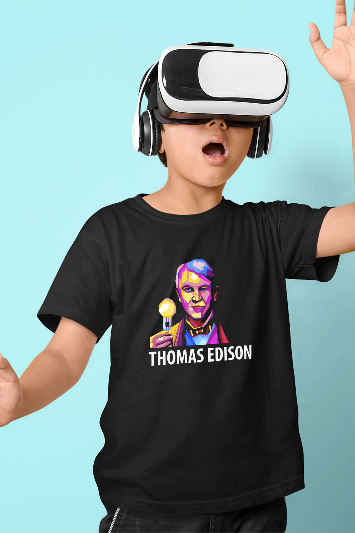 Edison Ampul Baskılı Unisex Siyah Çocuk Tişörtü - Tshirt