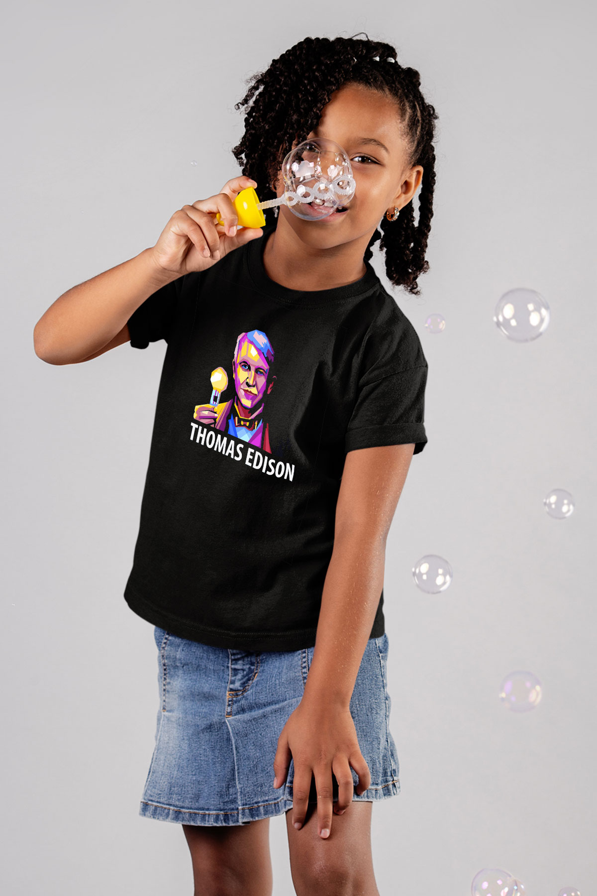 Edison Ampul Baskılı Unisex Siyah Çocuk Tişörtü - Tshirt