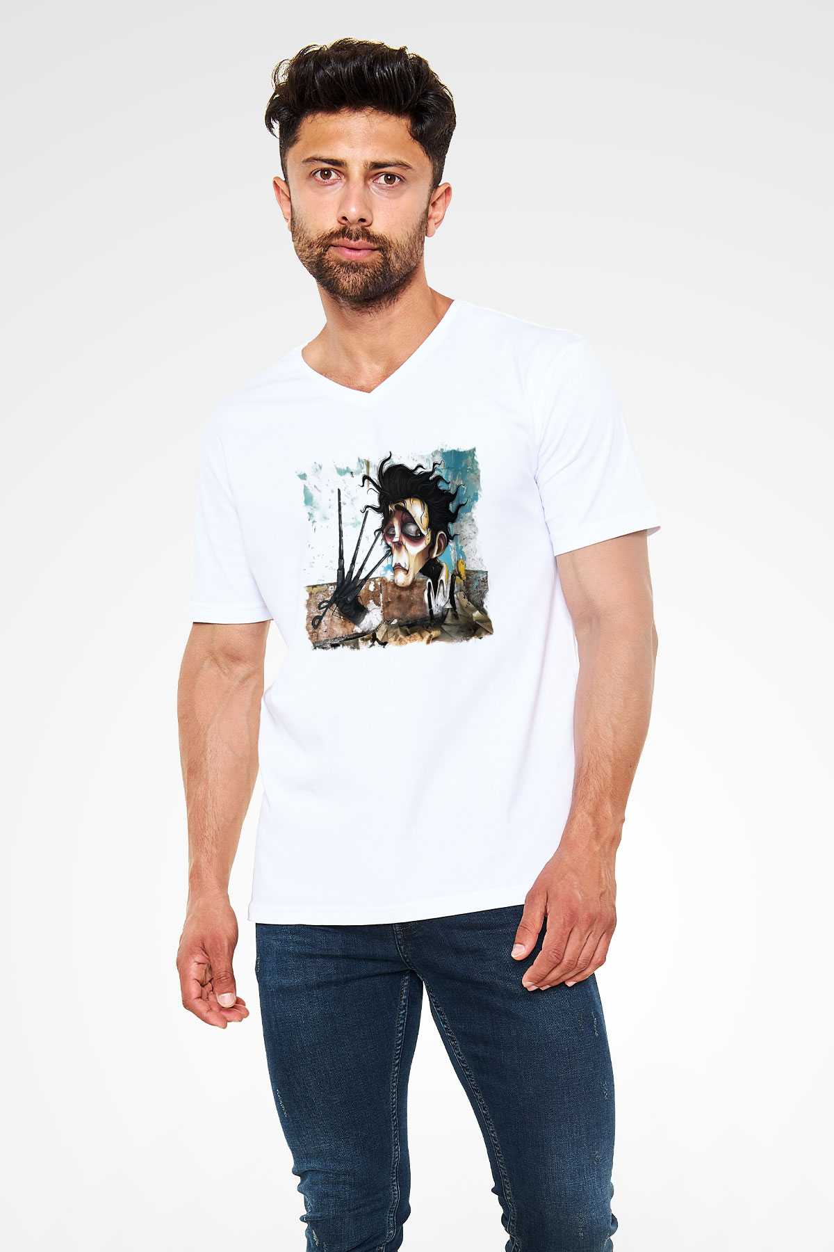Edward Scissorhands Beyaz Unisex V Yaka Tişört